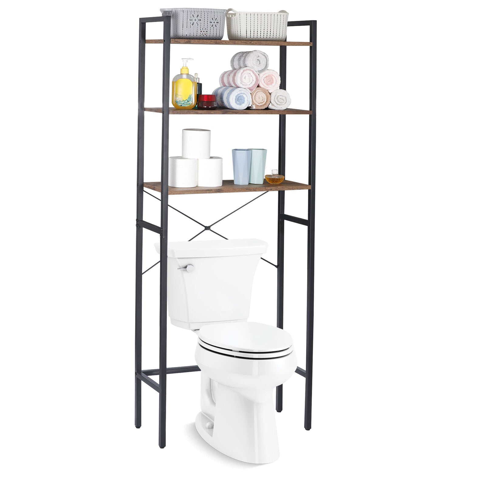 3-Tier Over The Toilet Storage MDF Bathroom Organizer Shelves Brown Freestanding