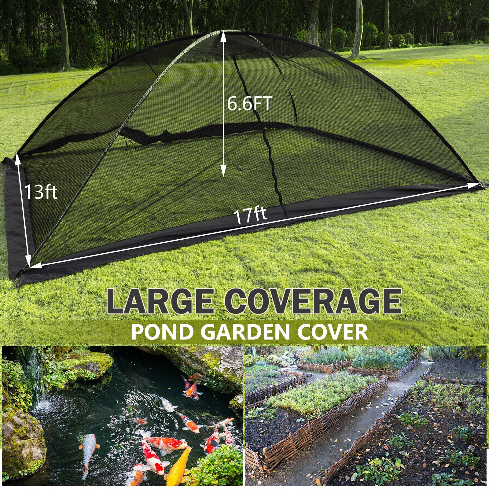 Pond Cover Dome Garden Pond Net 13x17 FT Netting Covers for Leaves w/ Bag Black