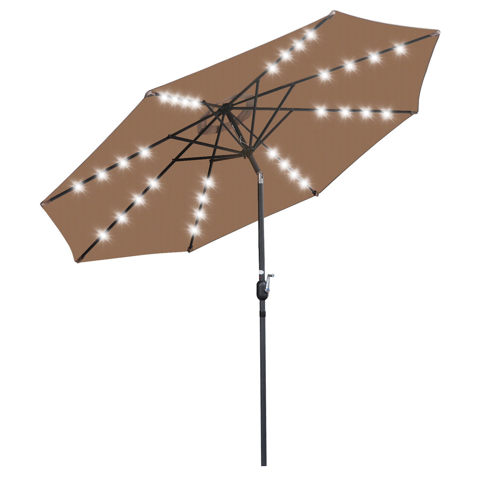 9 FT Tan Solar Powered Patio Umbrella 32LED Solar Umbrella w/ Tilt and Crank