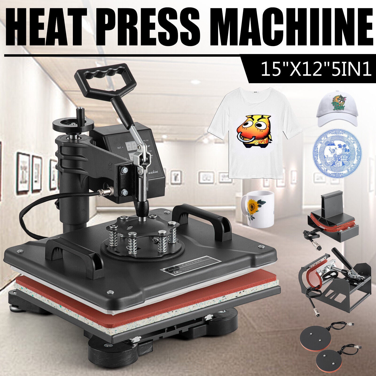 5 in 1 Heat Press Machine Swing Away Digital Transfer T-Shirt Mug Hat 12