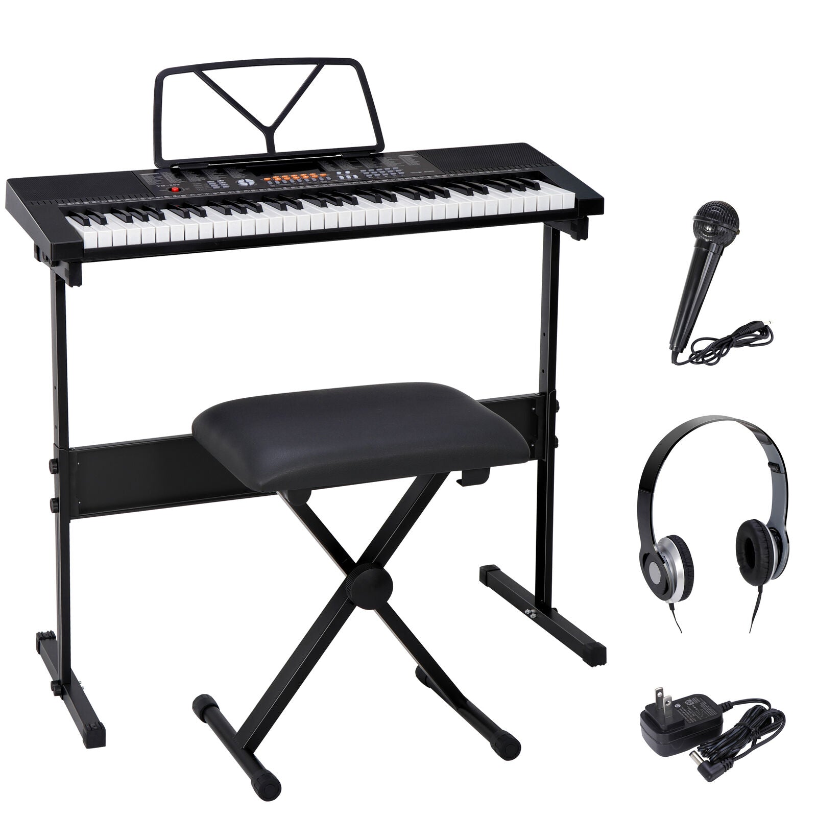 61 Key Portable Electronic Keyboard Piano with Stand Stool Headphones Microphone