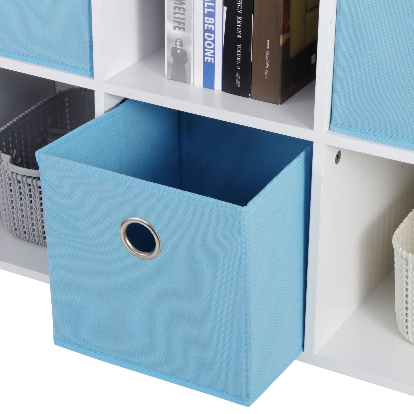 6 Cube Storage Organizer Wooden Bookcase Display Cubby Shelf w/3 Bins White/Blue