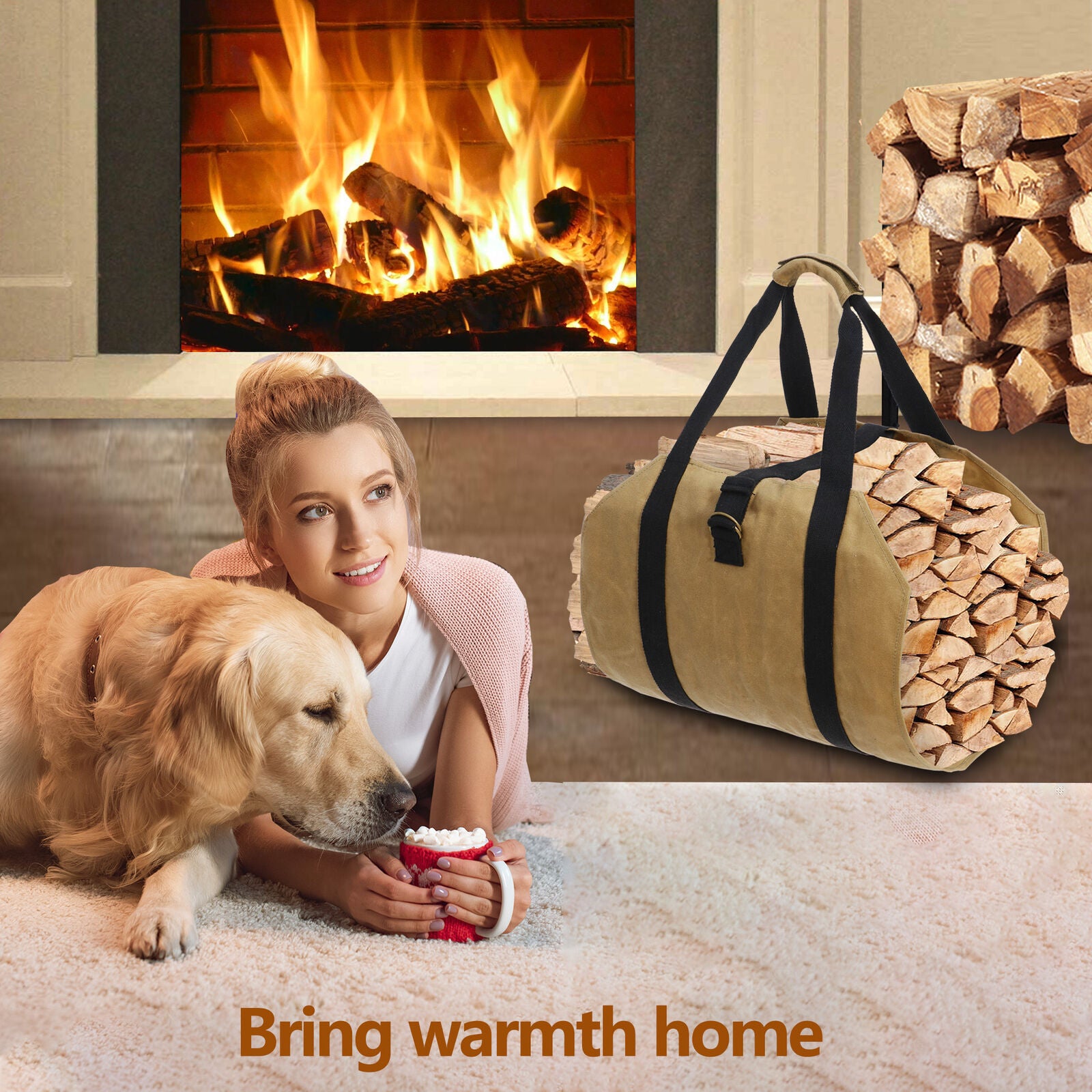 Firewood Bag Wax Canvas Camp Logging Wood Fireplace with with Security Strap