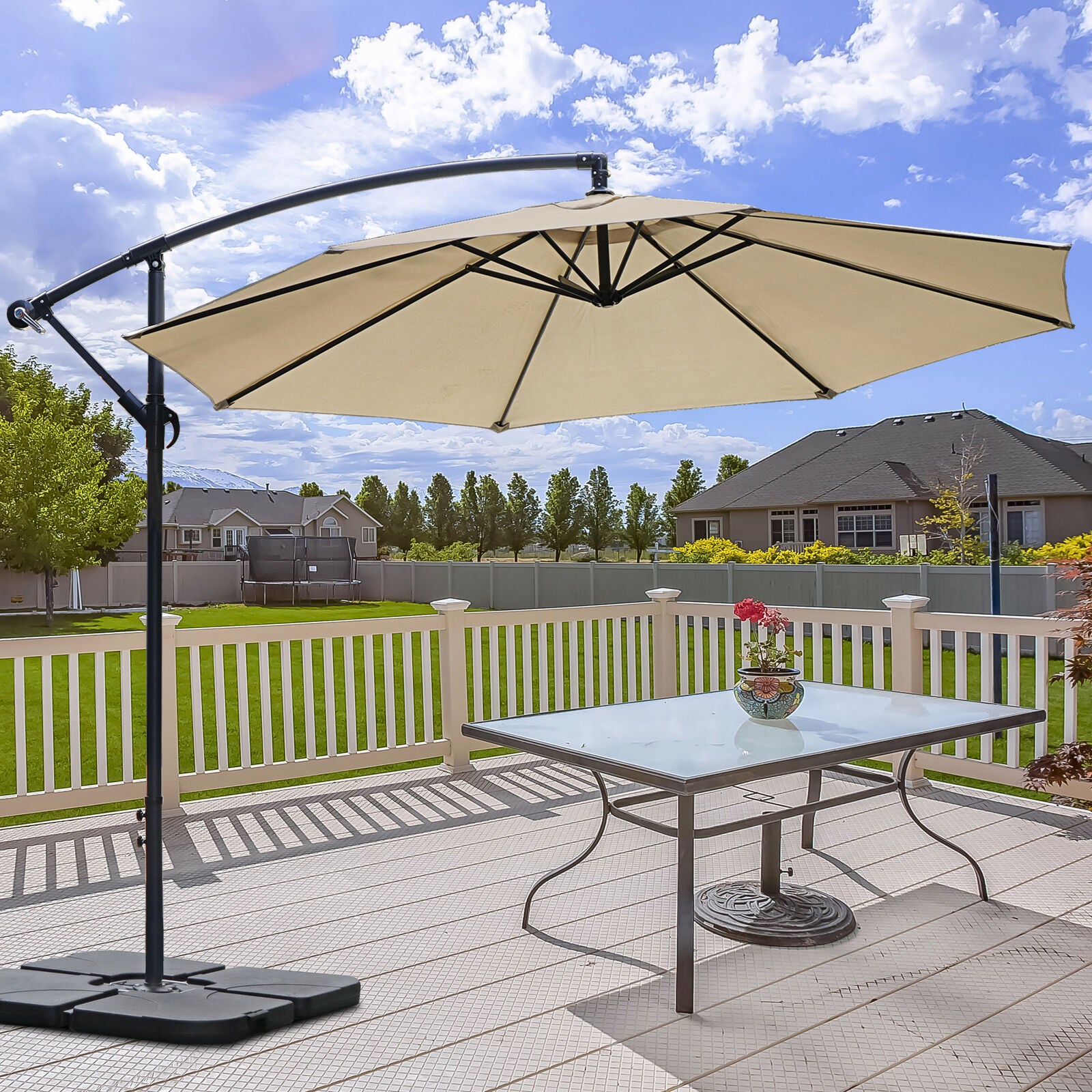 10ft Patio Umbrella Offset Market Umbrella Cantilever Hanging 8 Ribs Outdoor Tan