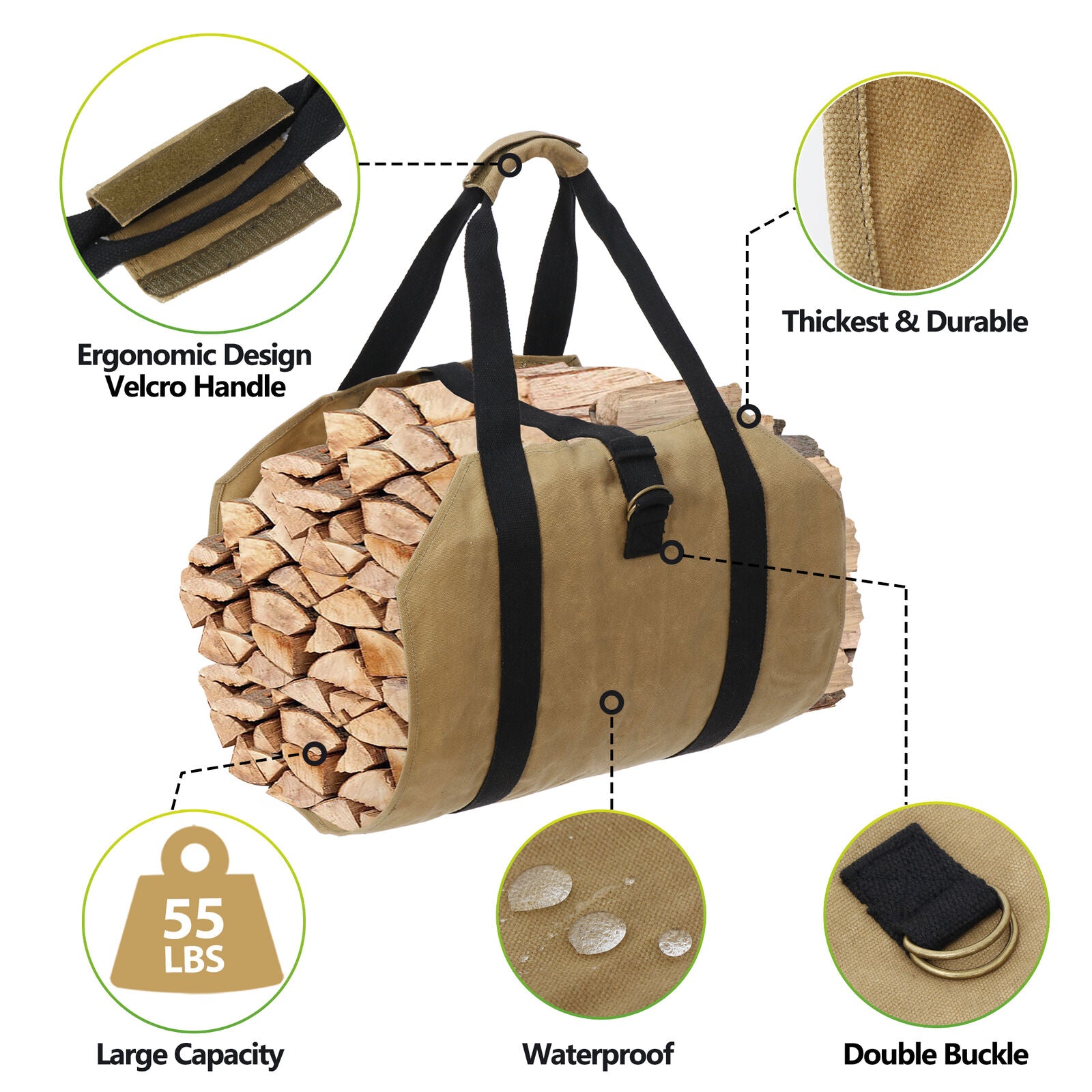 Firewood Bag Wax Canvas Camp Logging Wood Fireplace with with Security Strap