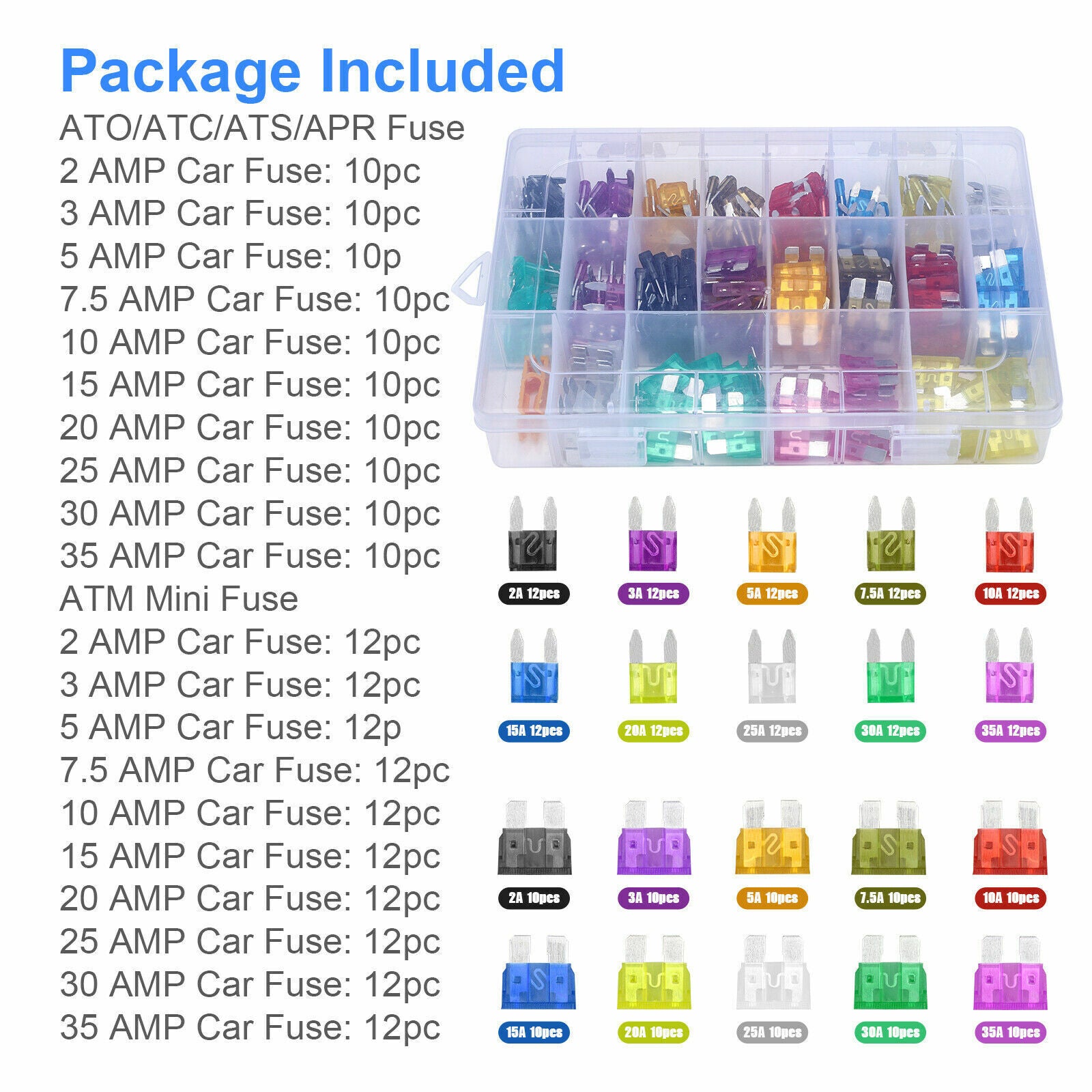 220pc Blade Fuse Assortment Auto Car Truck Motorcycle FUSES Kit ATC ATO ATM USA