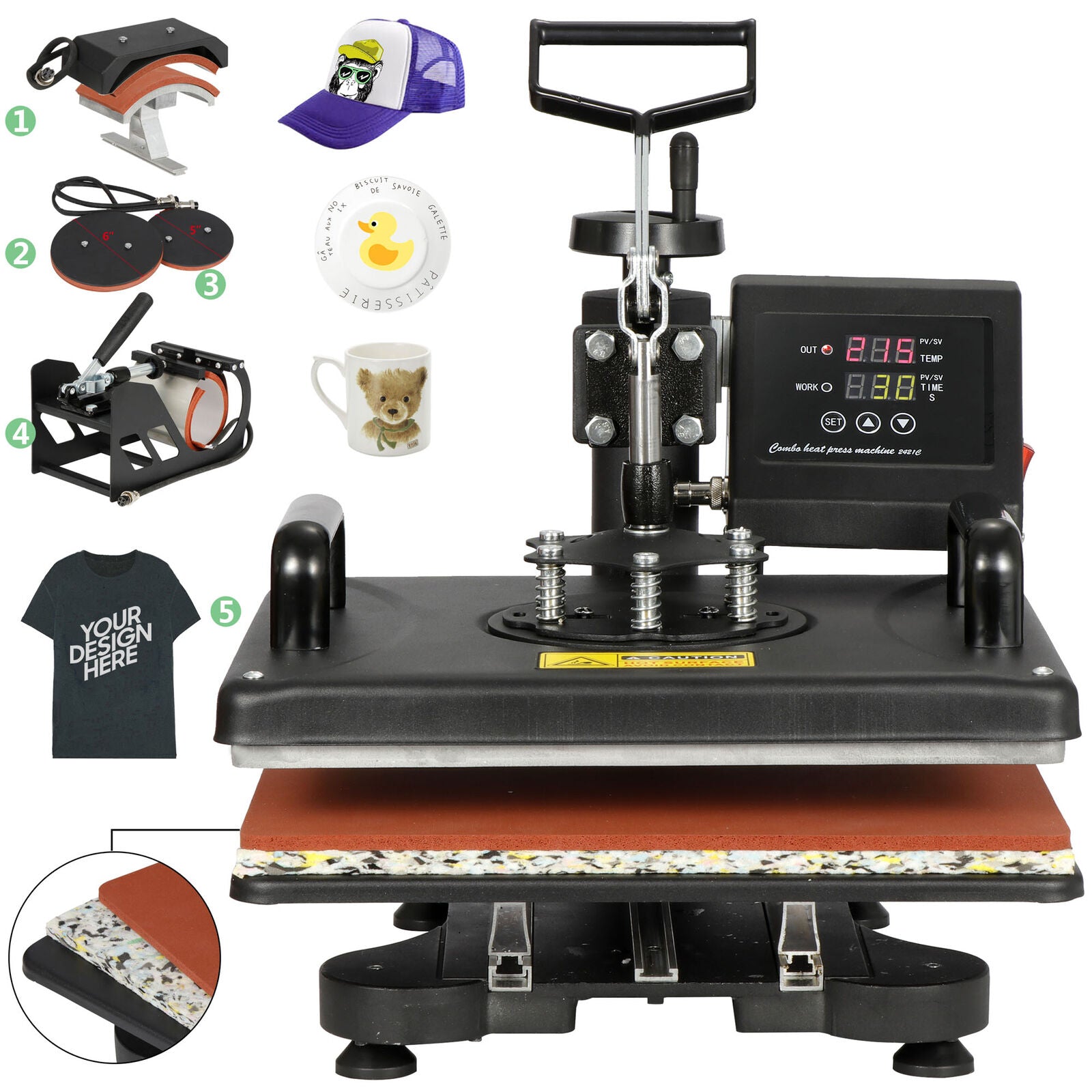 5 In 1 Heat Press Machine Digital Transfer Sublimation T-Shirt Mug Hat Plate Cap