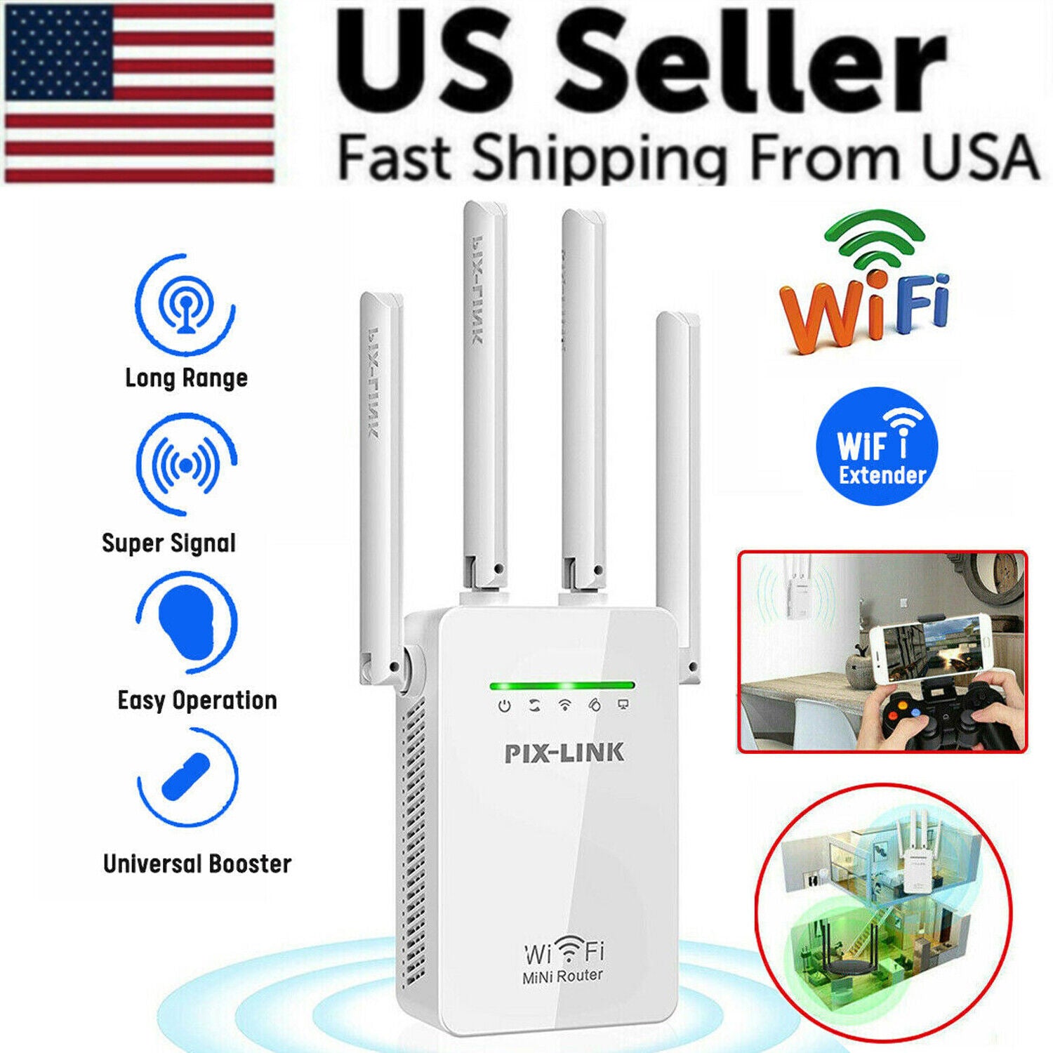 1200Mbps WiFi Range Extender Repeater Wireless Amplifier Router Signal Booster