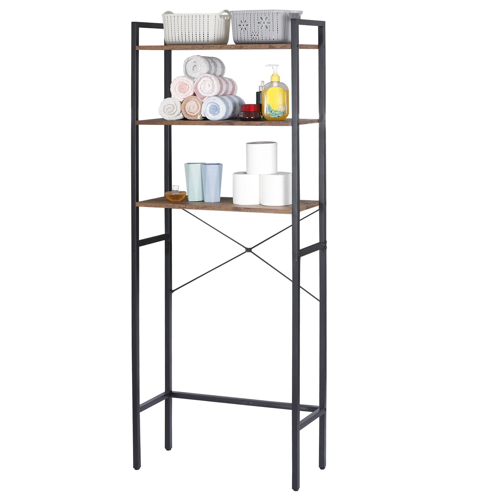 3-Tier Over The Toilet Storage MDF Bathroom Organizer Shelves Brown Freestanding