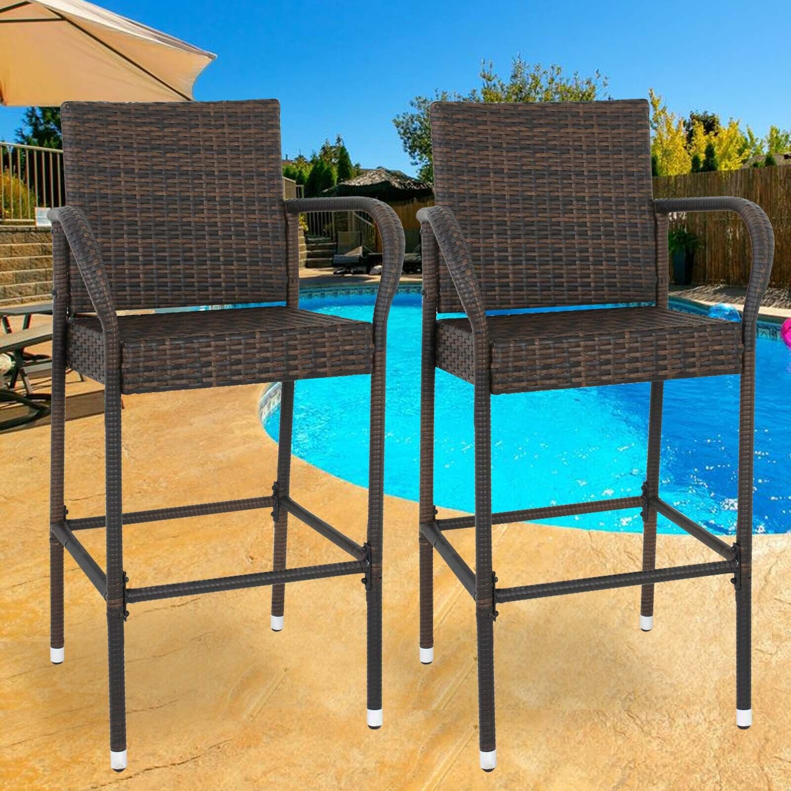 6PCS Wicker Rattan Barstools Backyard Patio Chairs Bar Stools Furniture Brown