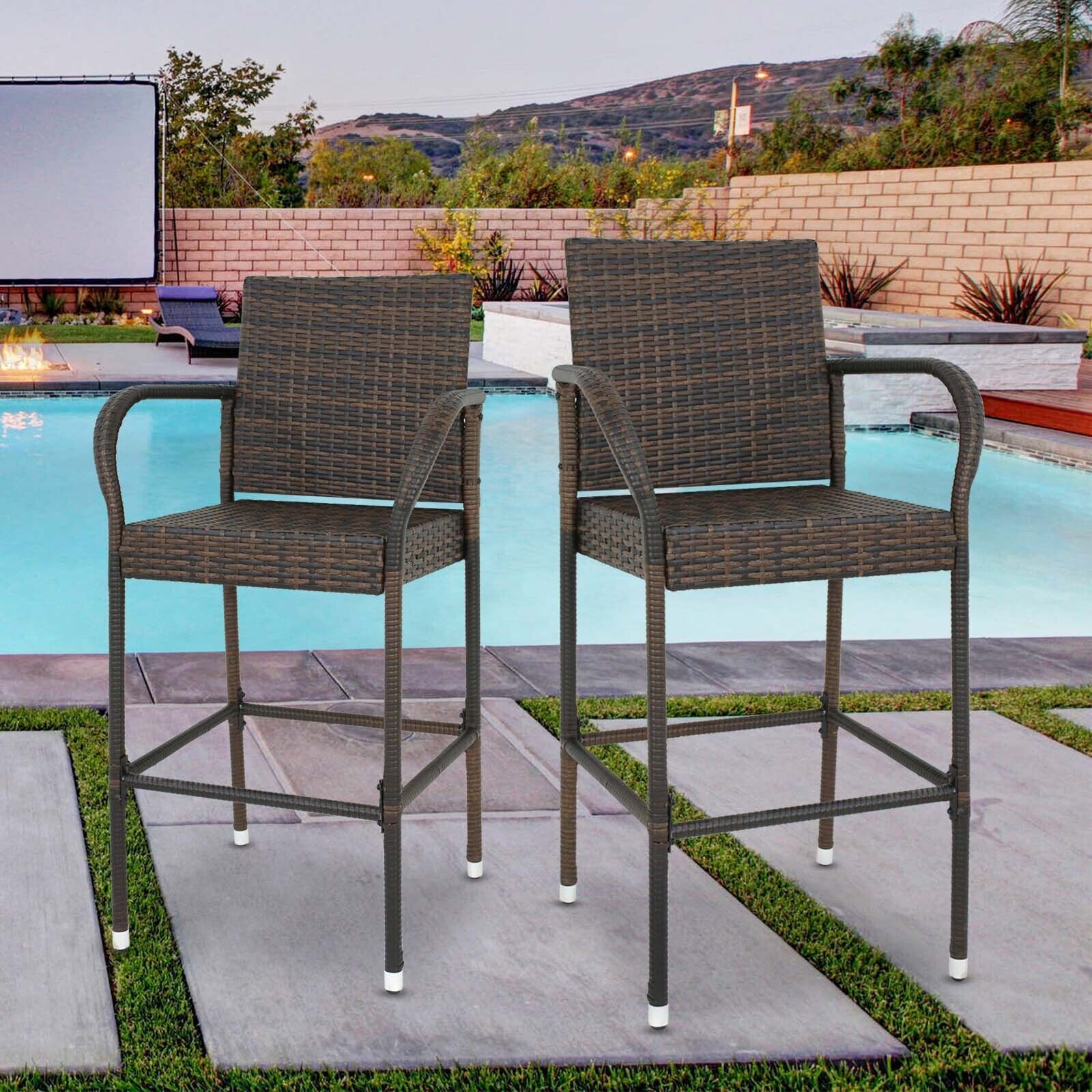 6PCS Wicker Rattan Barstools Backyard Patio Chairs Bar Stools Furniture Brown