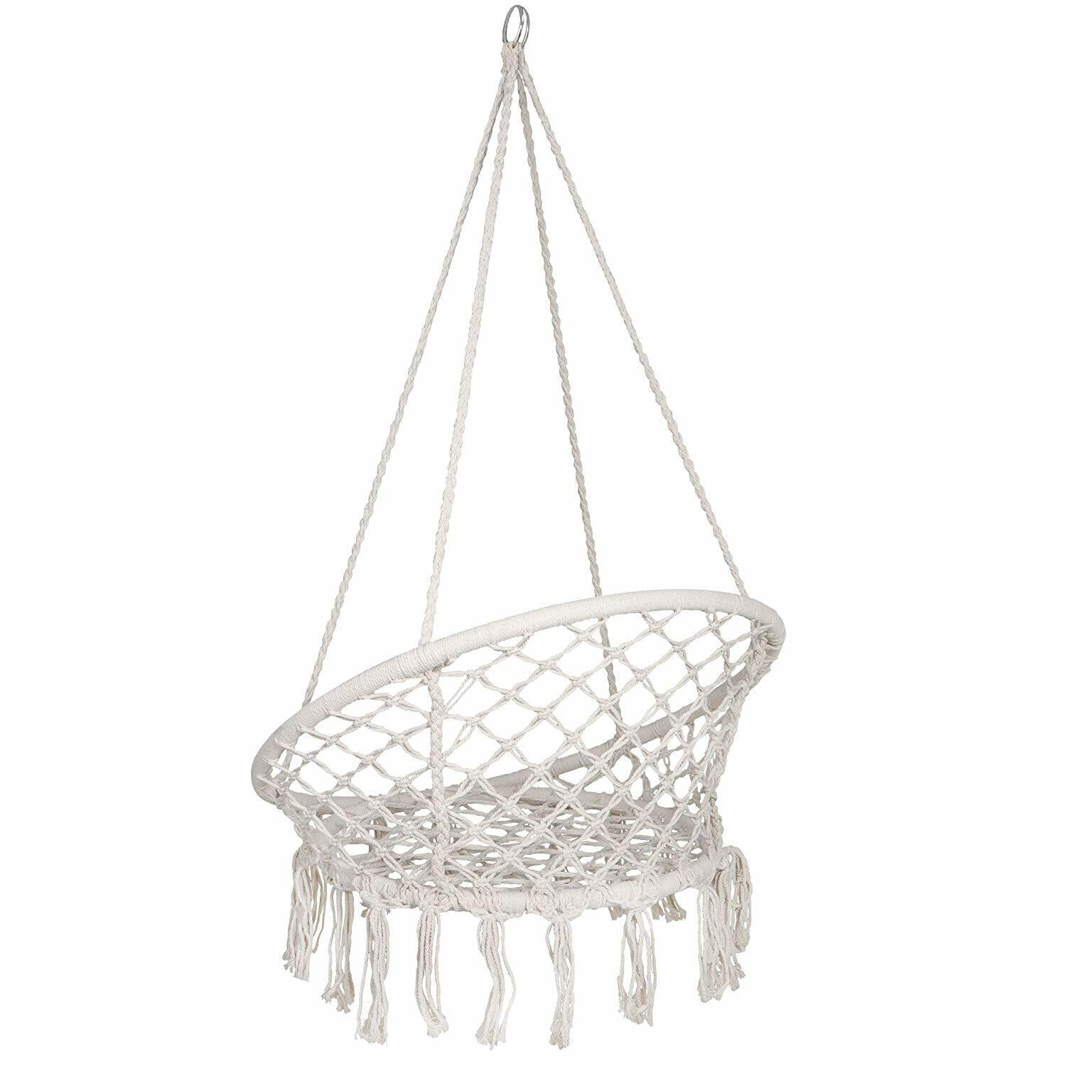 Beige Hammock Chair Macrame Swing Hanging Cotton Rope 330lb Capacity In/Outdoor