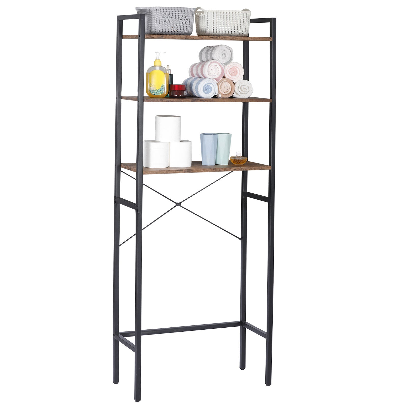 3-Tier Over The Toilet Storage MDF Bathroom Organizer Shelves Brown Freestanding