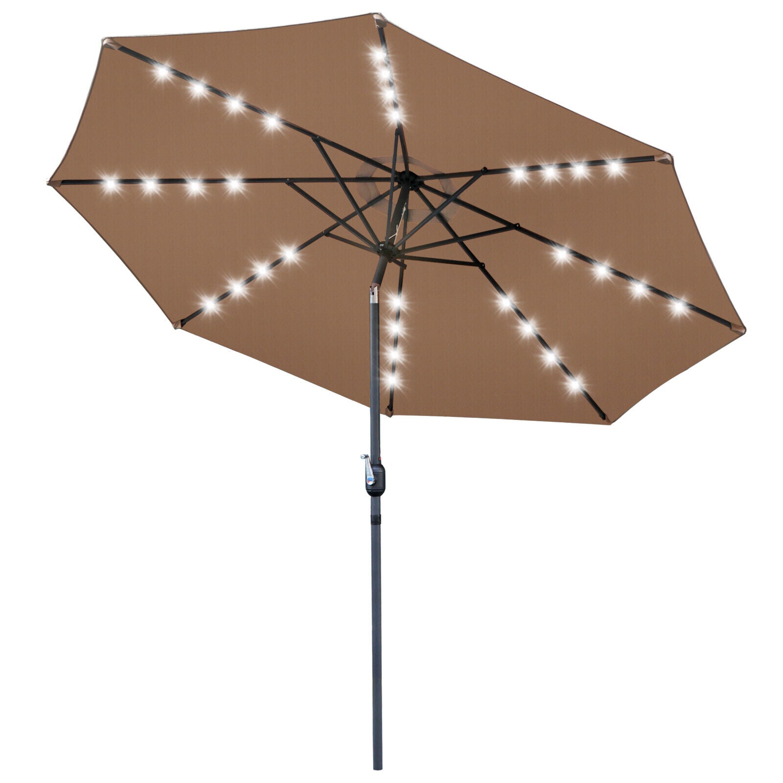 9 FT Tan Solar Powered Patio Umbrella 32LED Solar Umbrella w/ Tilt and Crank