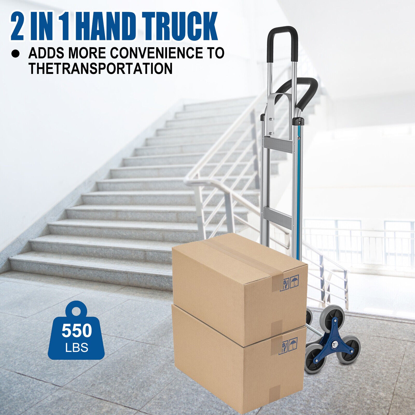 2 IN 1 Stair Climbing Hand Truck Heavy Duty 550lbs Aluminum Cart Dolly W/ Wheels