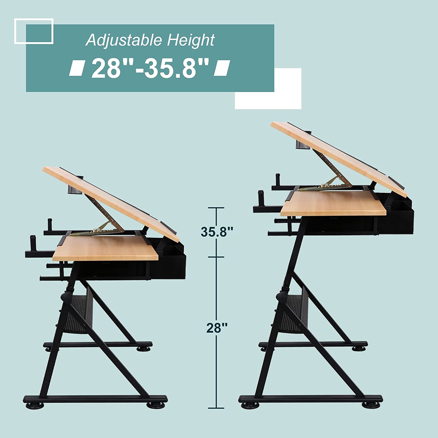 Drafting Table Art Desk Drawing Table Height Adjustable Artist Table Tilted Tabletop w/Drafting Stool and Storage Drawer for Reading, Writing, Crafting, Painting Art