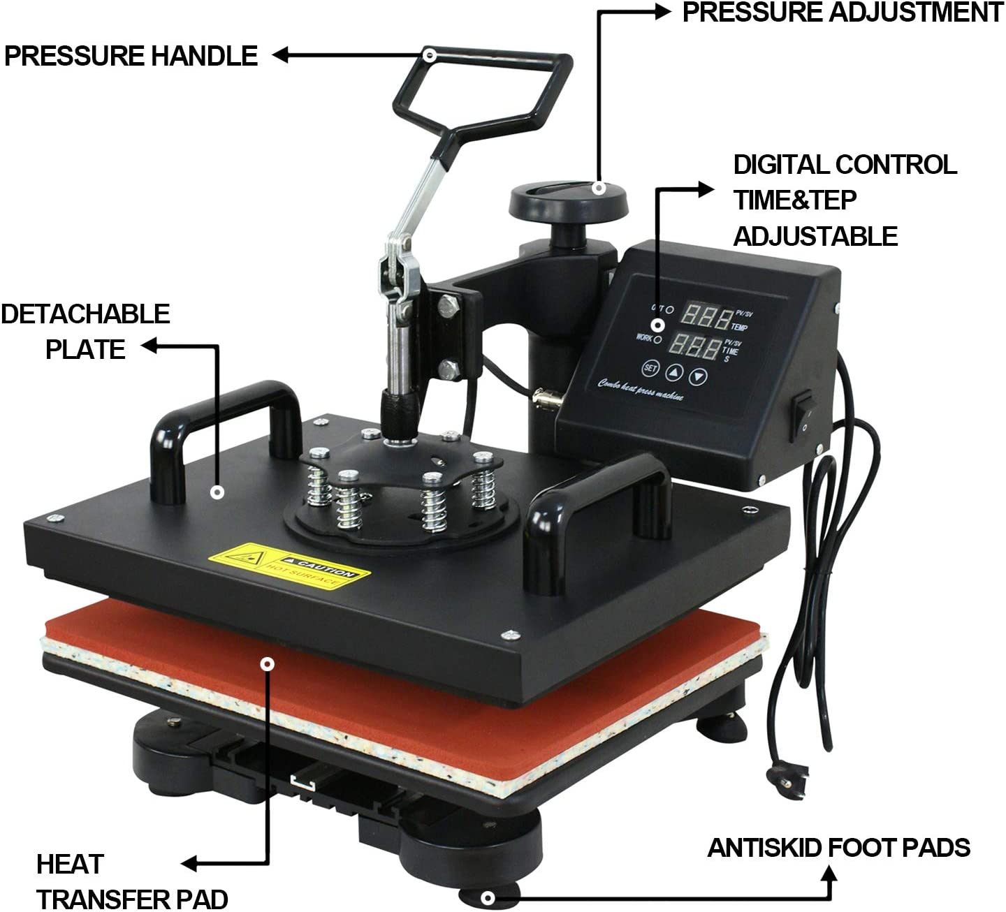 Heat Press Machine for T Shirt 12x15 Inch 5 in 1 Combo kit Swing Away Heat Transfer Sublimation for Plate Cap Mug