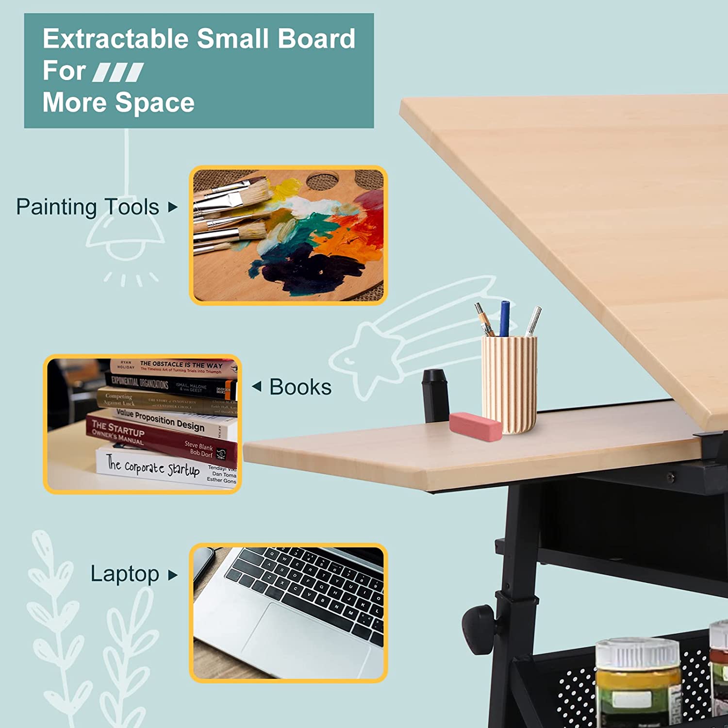 Drafting Table Art Desk Drawing Table Height Adjustable Artist Table Tilted Tabletop w/Drafting Stool and Storage Drawer for Reading, Writing, Crafting, Painting Art