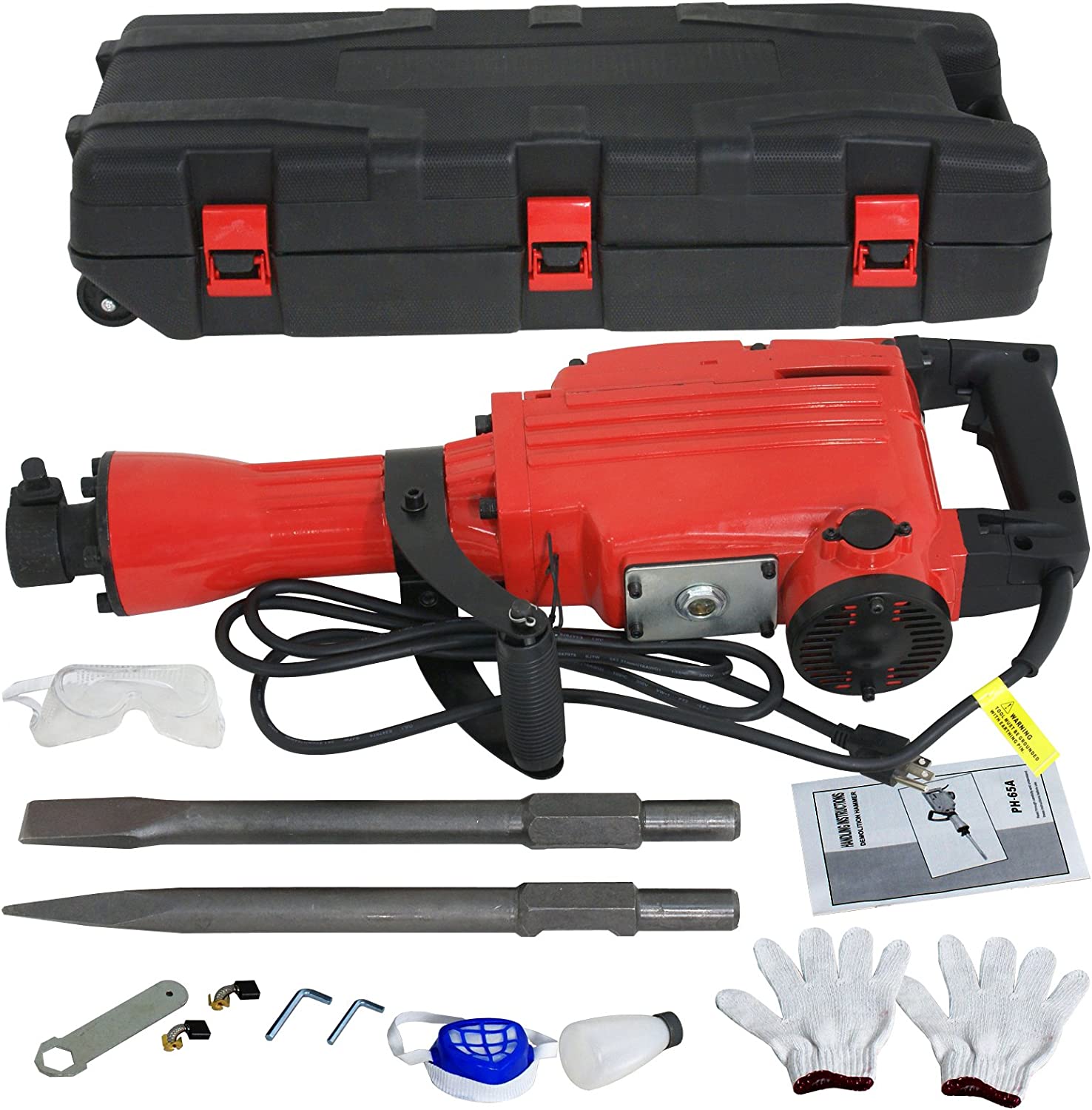 2200W Heavy Duty Electric Demolition Jack Hammer Concrete Breaker Drills w/Case, Gloves 2 Chisel 2 Punch Bit Set