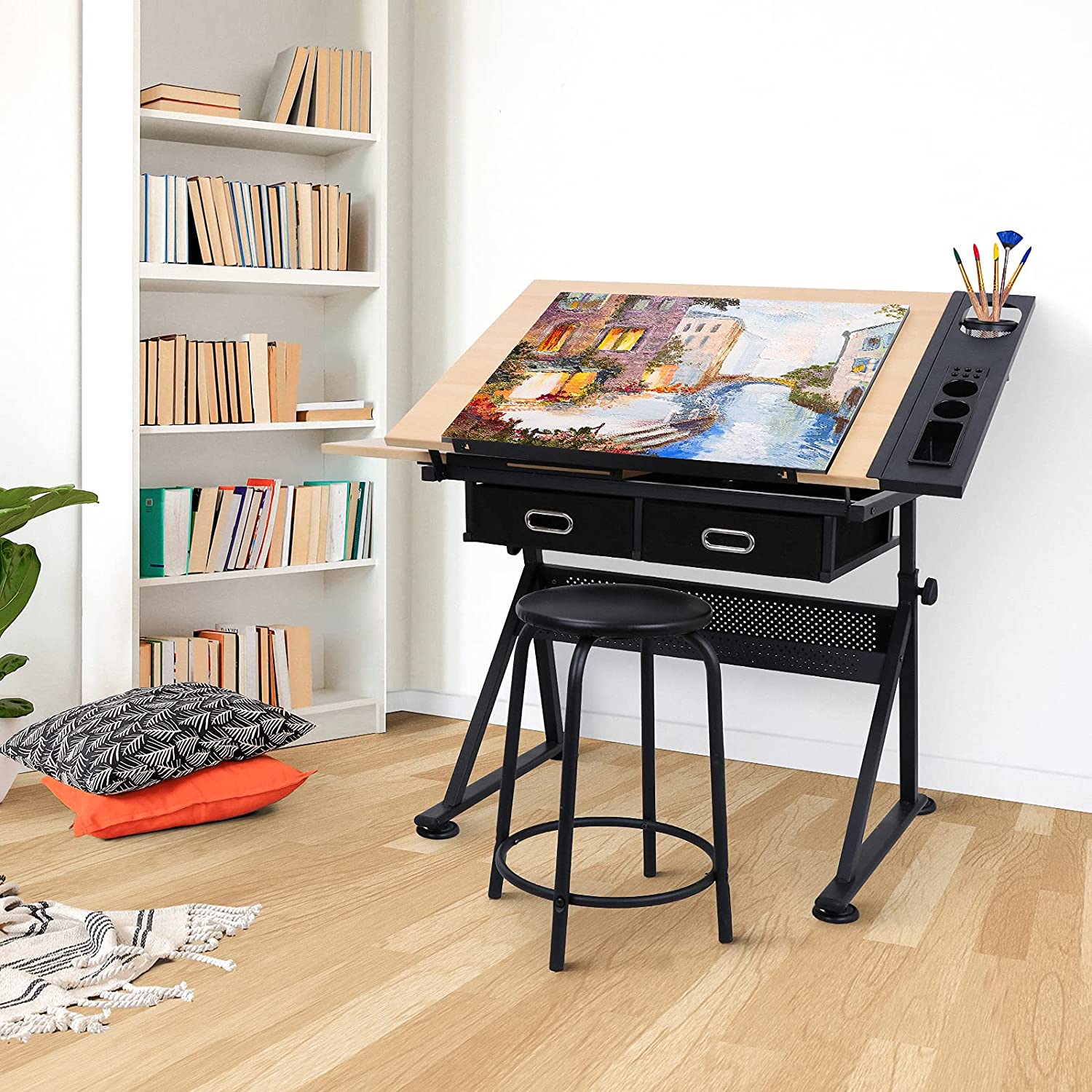 Drafting Table Art Desk Drawing Table Height Adjustable Artist Table Tilted Tabletop w/Drafting Stool and Storage Drawer for Reading, Writing, Crafting, Painting Art