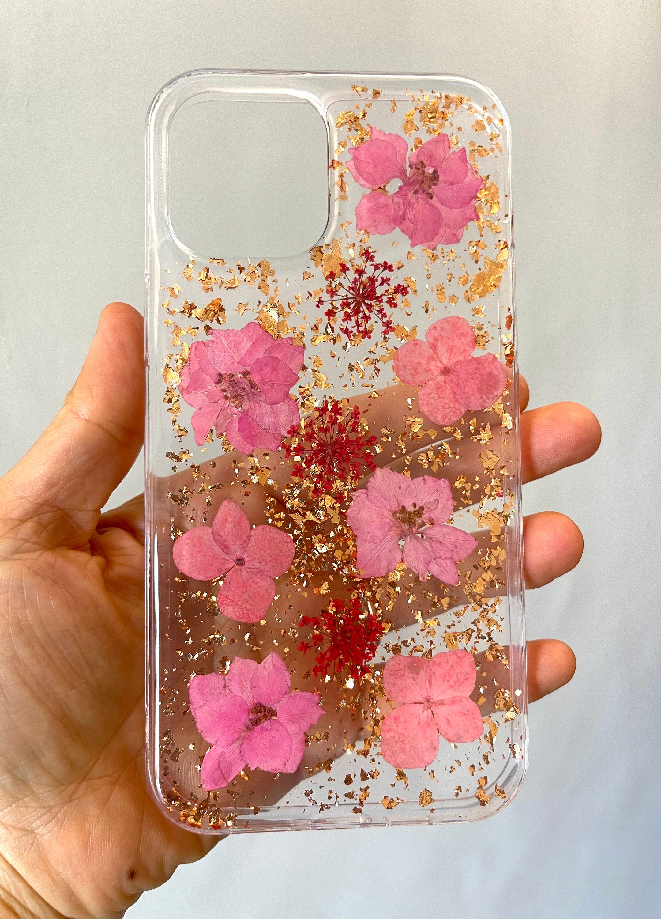 SALE - Hand Pressed Flowers and Glitters iPhone 12, 12 Pro, 12 Pro Max Floral Case Soft Silicone Case