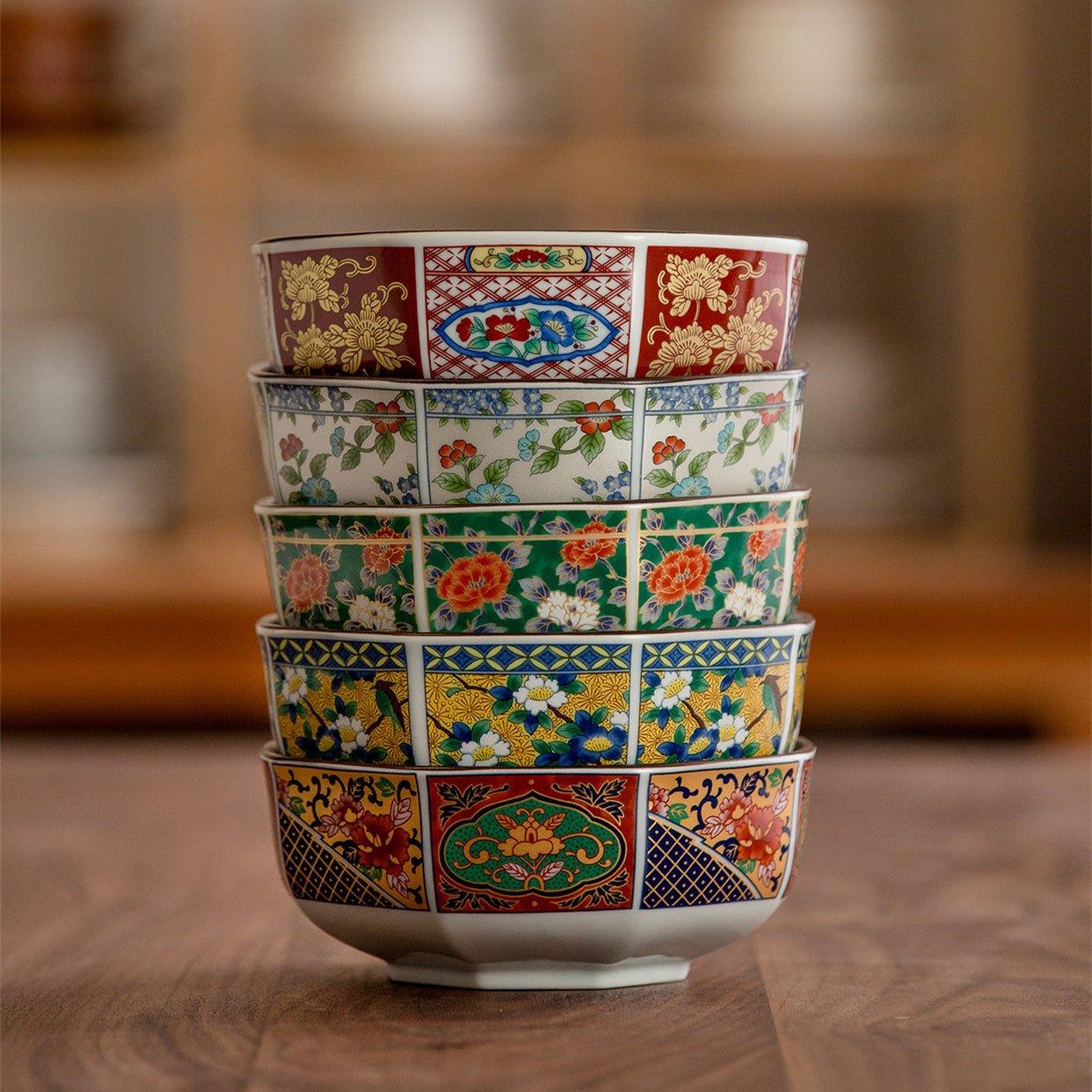 Japanese Mino Ware Court Dyed Brocade Octagonal Bowls Set