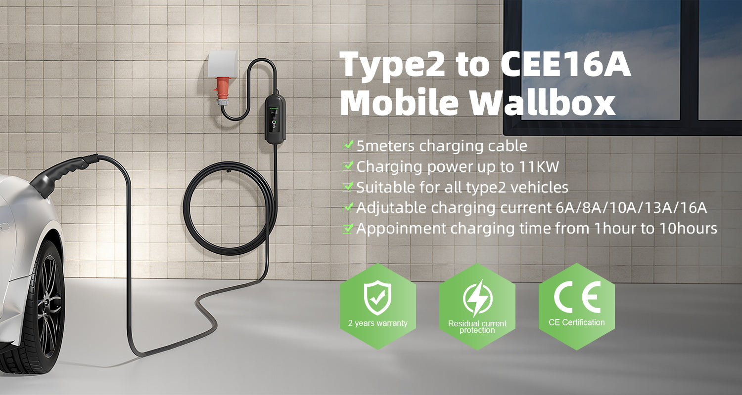 Noeifevo 3.6KW 16A Portable Type 2 EV Charger with Schuko,Electric Vehicle  Charging Station Kit, Mobile EVSE Wallbox with 5 Meter Cable
