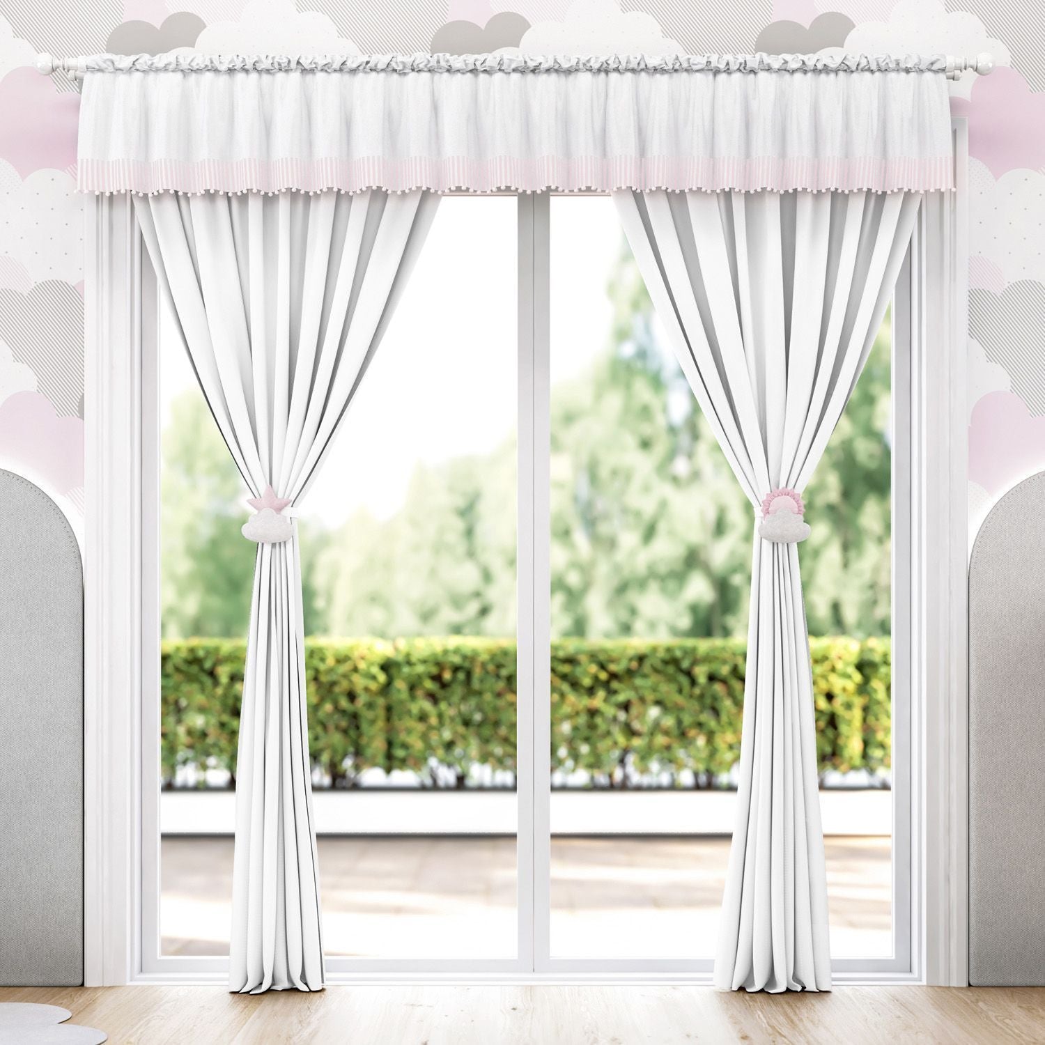 Pink and White Striped Curtain with Pompoms 70