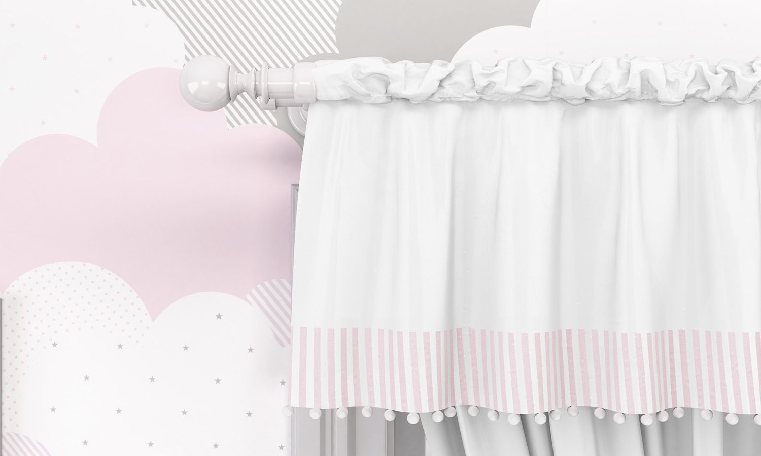 Pink and White Striped Curtain with Pompoms 70