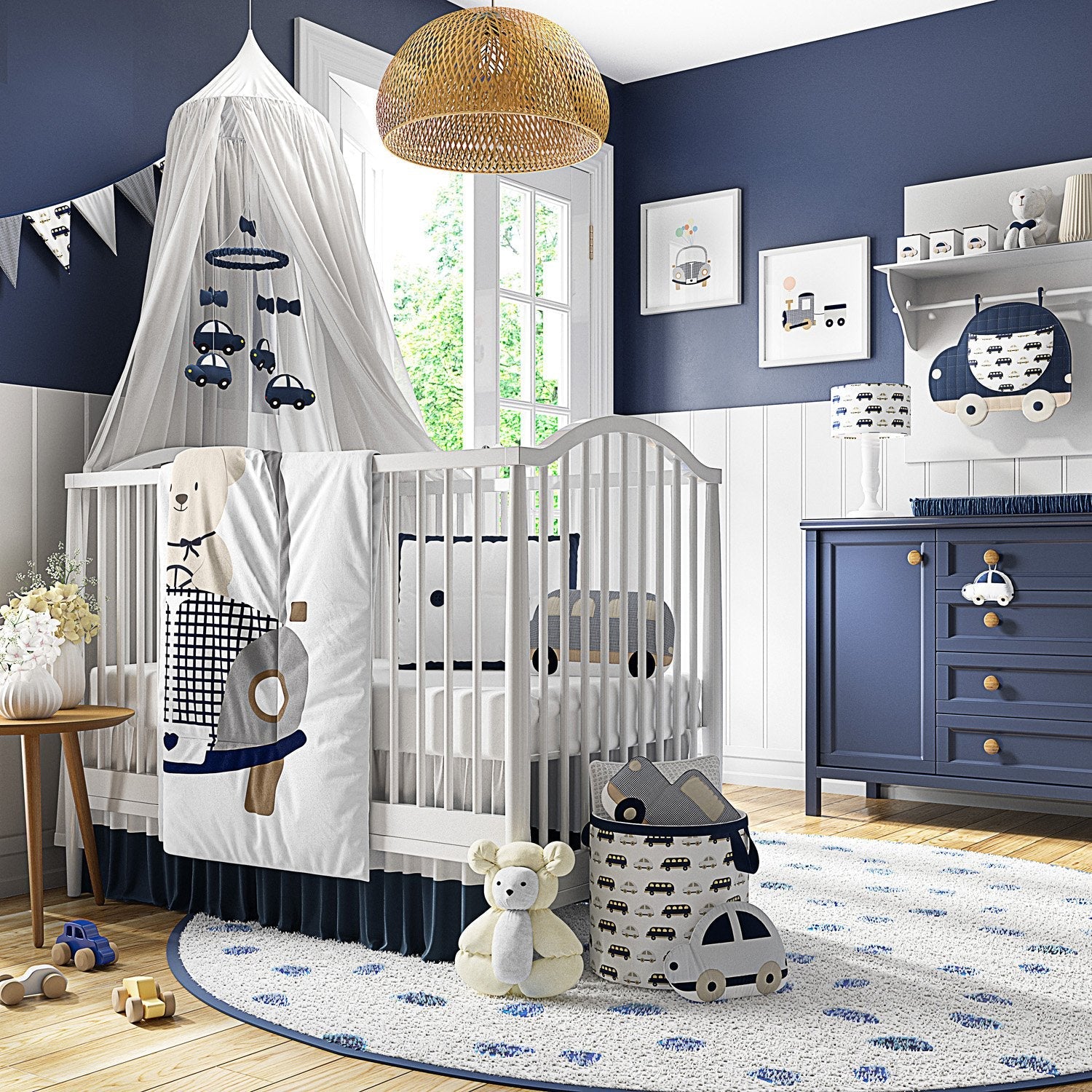 4 Piece Navy Blue Teddy Bear and Cars Crib Bedding Set