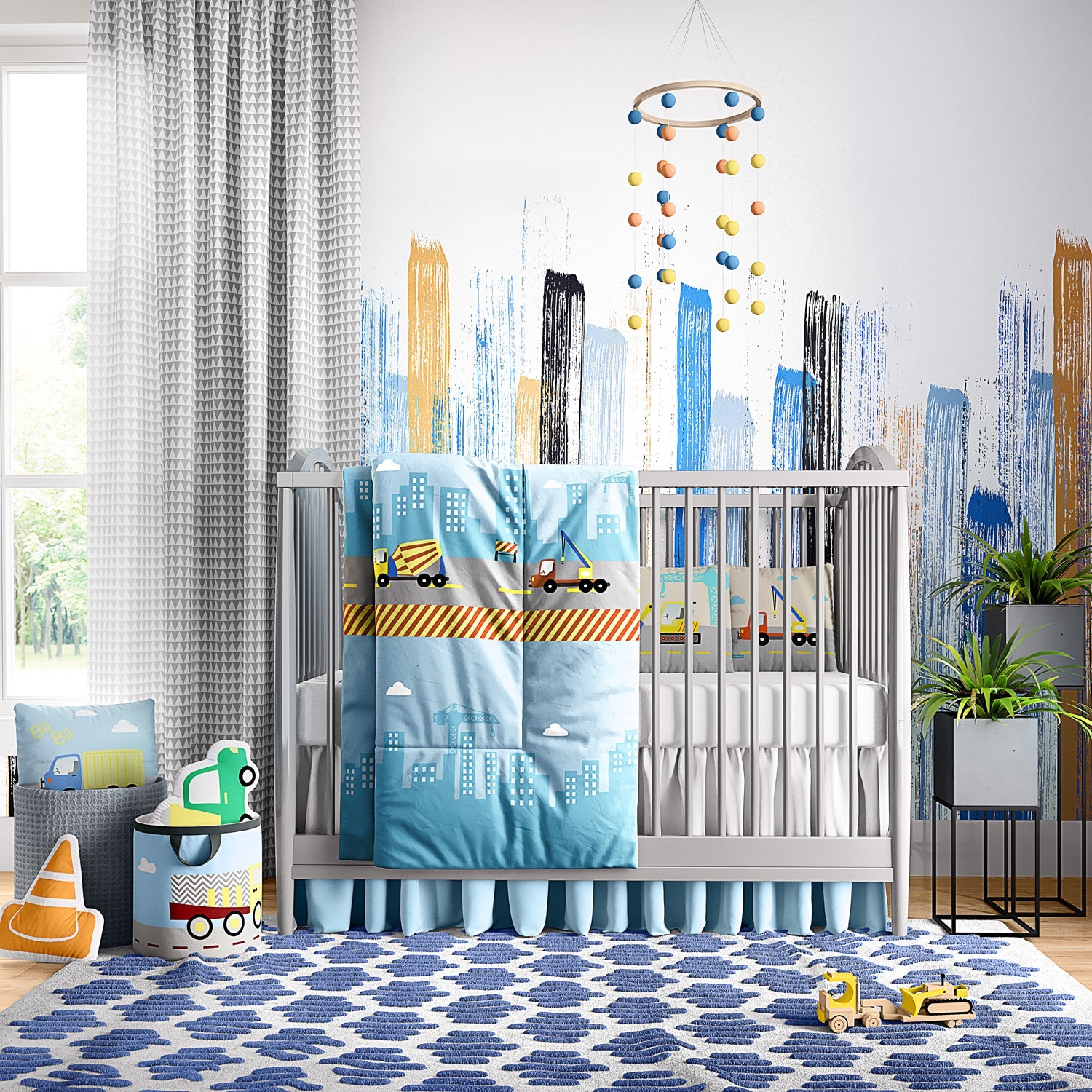 3 Piece Blue Truck Crib Bedding Set