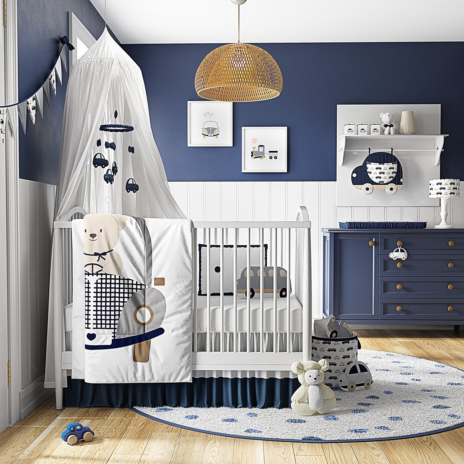 4 Piece Navy Blue Teddy Bear and Cars Crib Bedding Set
