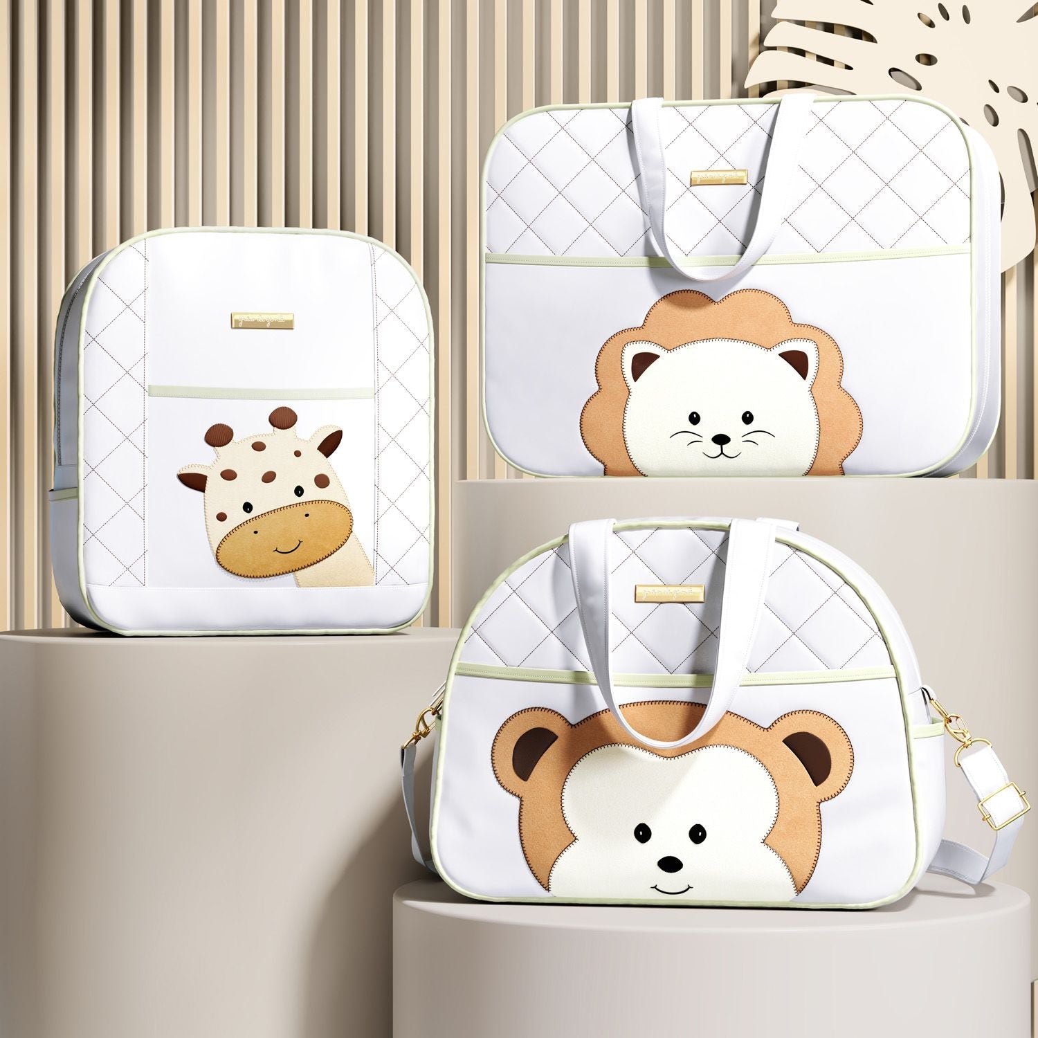 3 Piece White Safari Buddies Diaper Bag Set