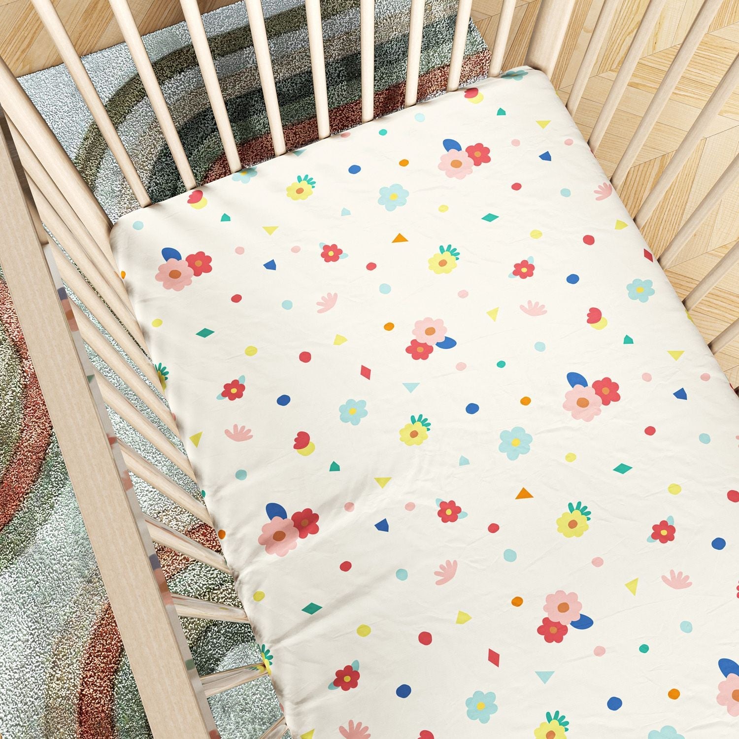 3 Piece Colorful Flower Girl Crib Bedding Set