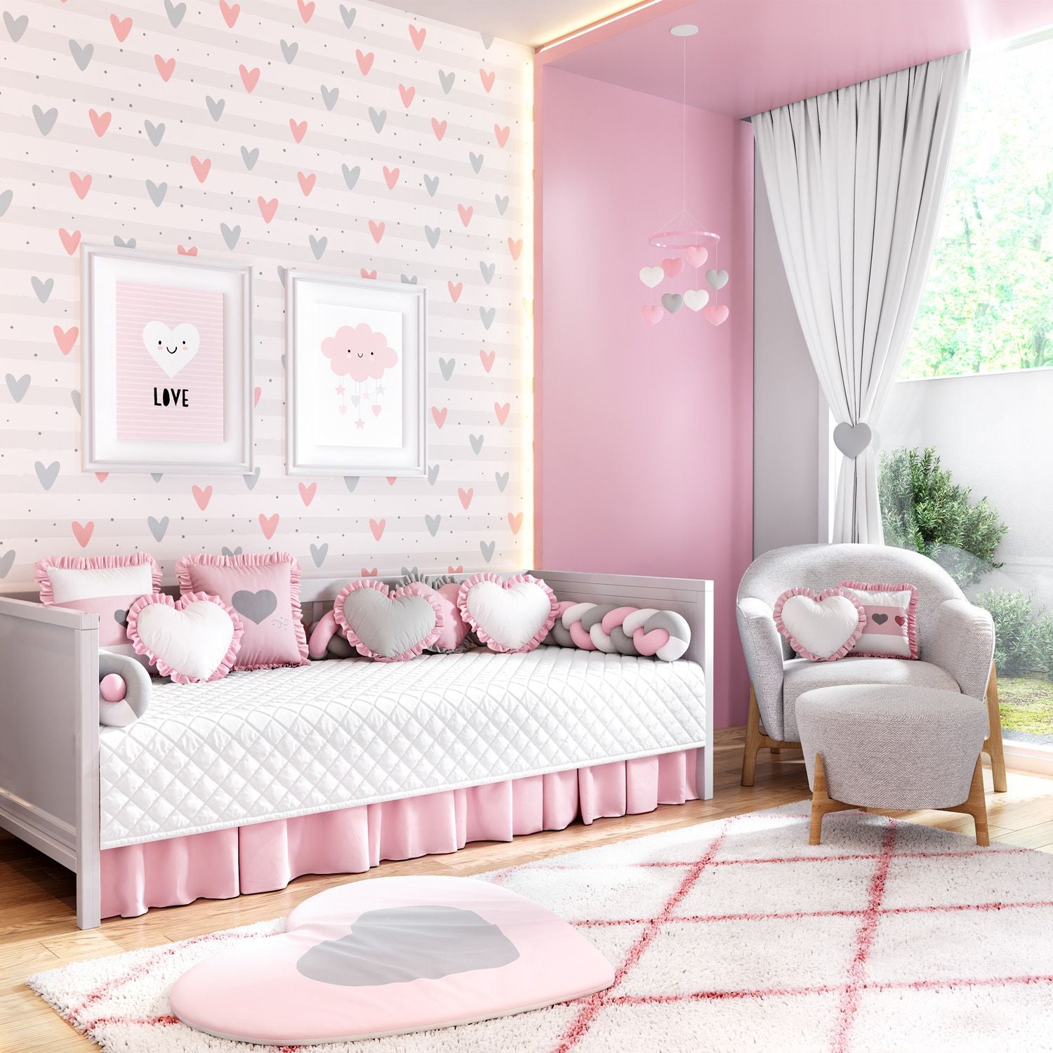 6 Piece Pink Heart Daybed Bedding Set