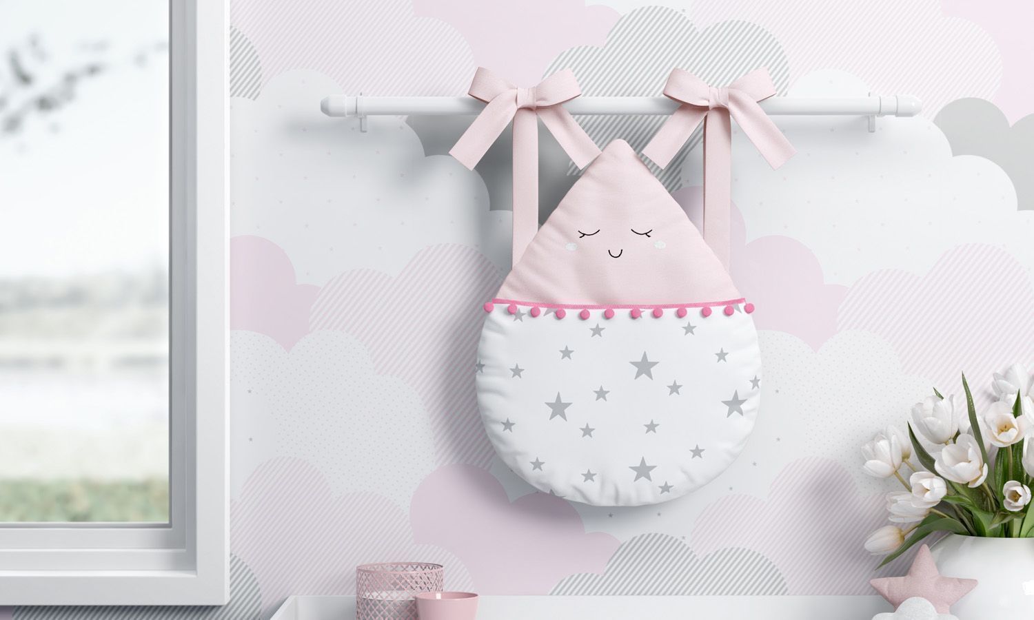 Pink Pompom Drop Diaper Holder