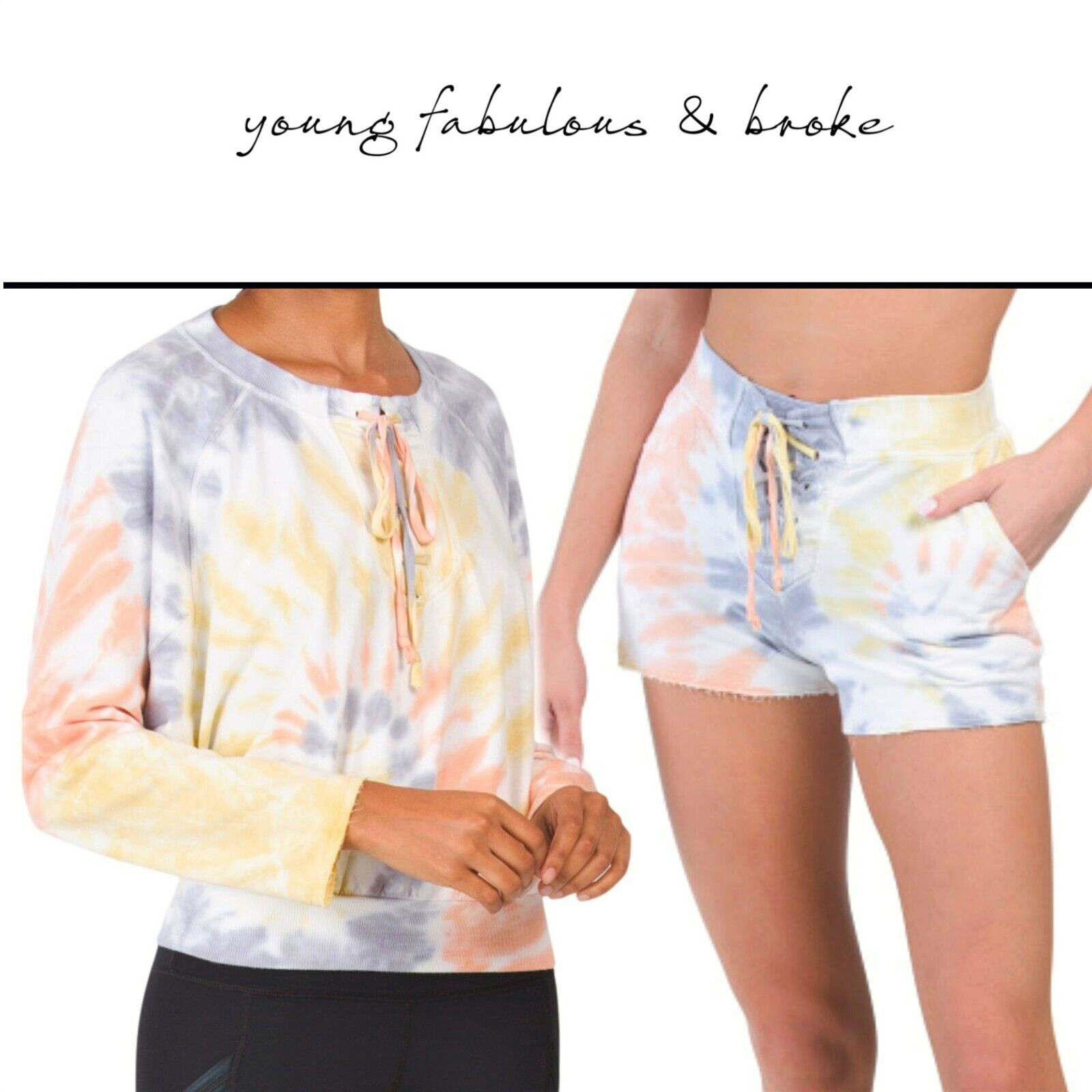 NWT YOUNG FABULOUS & BROKE Rowan Tie Dye Frayed Cuffs Sweatshirt Top Shorts S-L