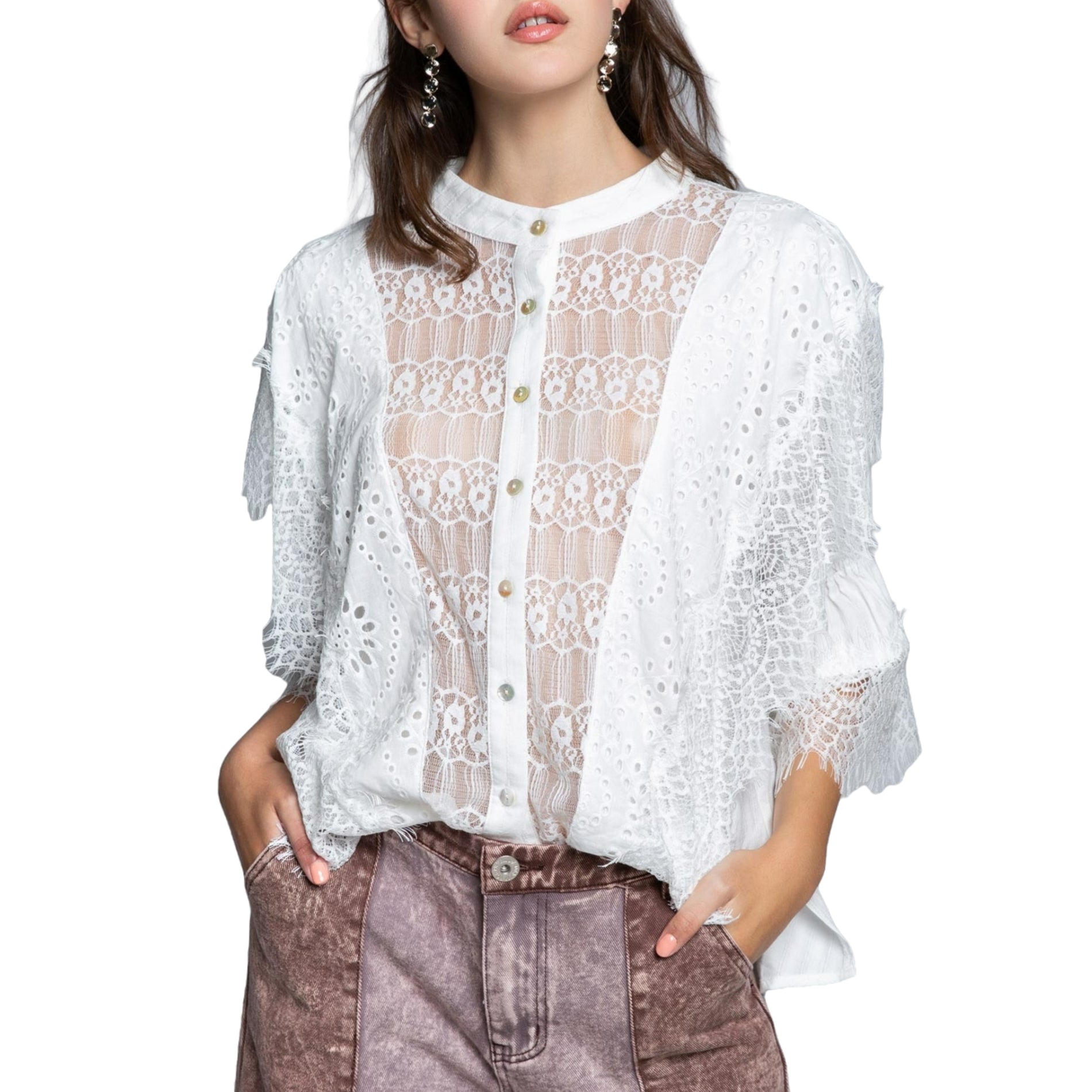 POL Eyelet Lace Ruffle Hi-Low Hem Cotton Top Blouse