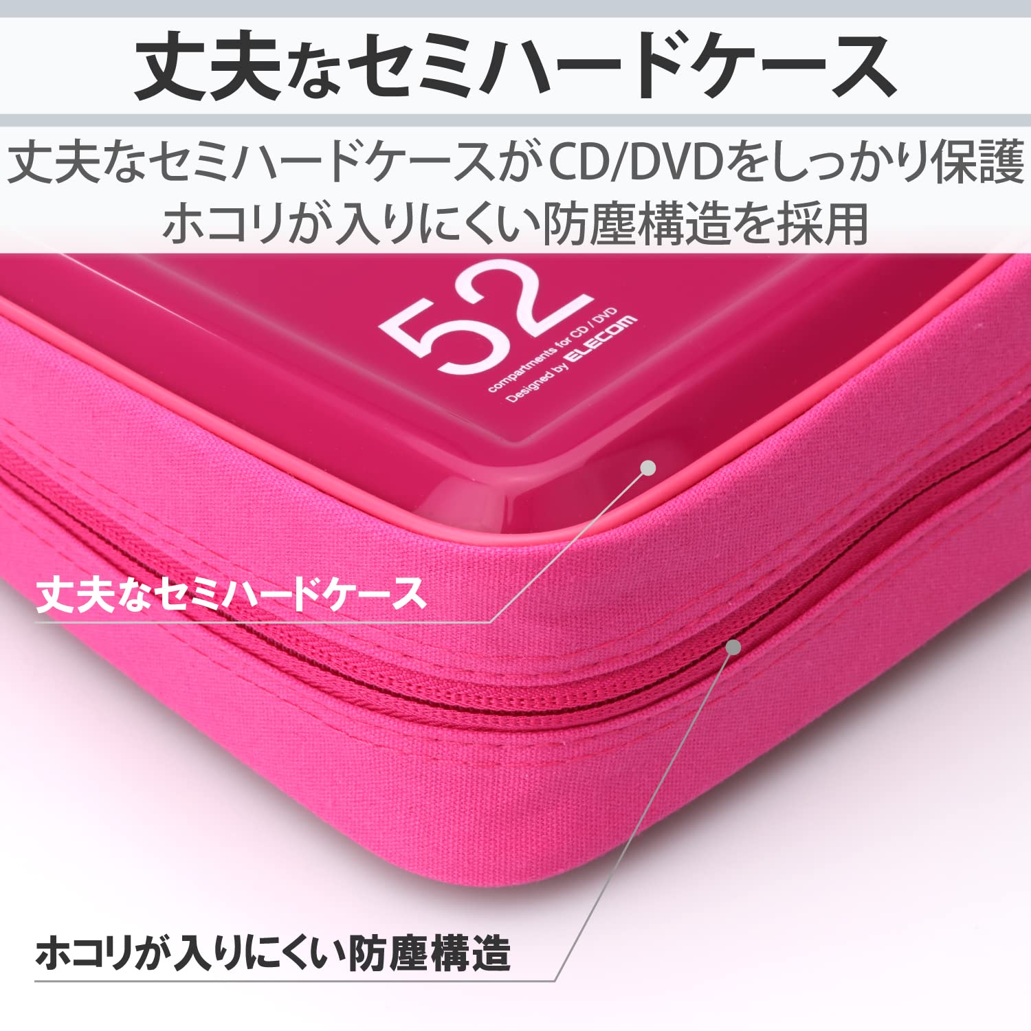 ELECOM case pink DVD CD CCD-H52PN 52 sheets semi-hard zip closure storage NEW