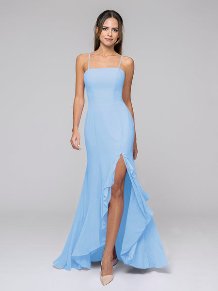 spaghetti strap bridesmaid dresses with ruffles skirt