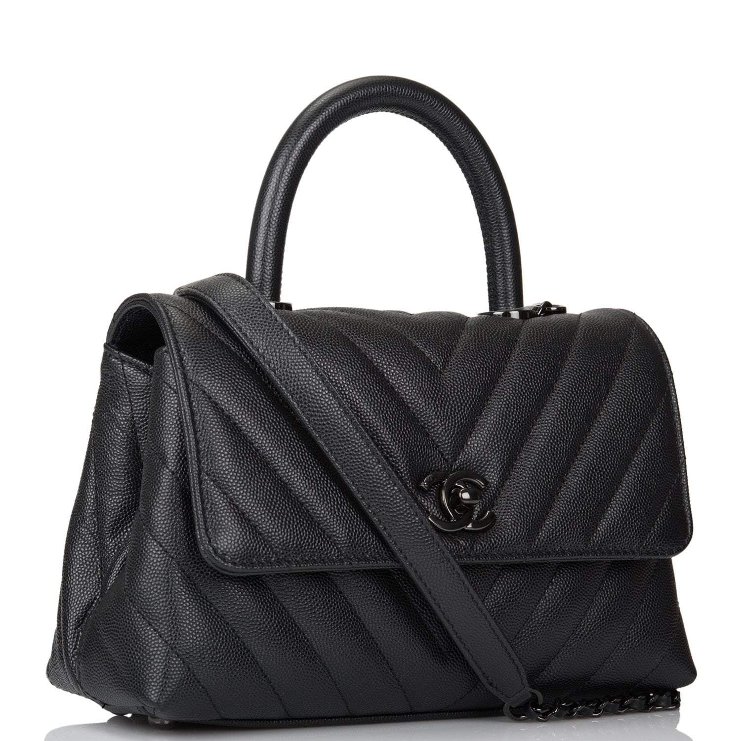 Chanel SO Black Chevron Caviar Mini Coco Handle Flap Bag Black Hardware