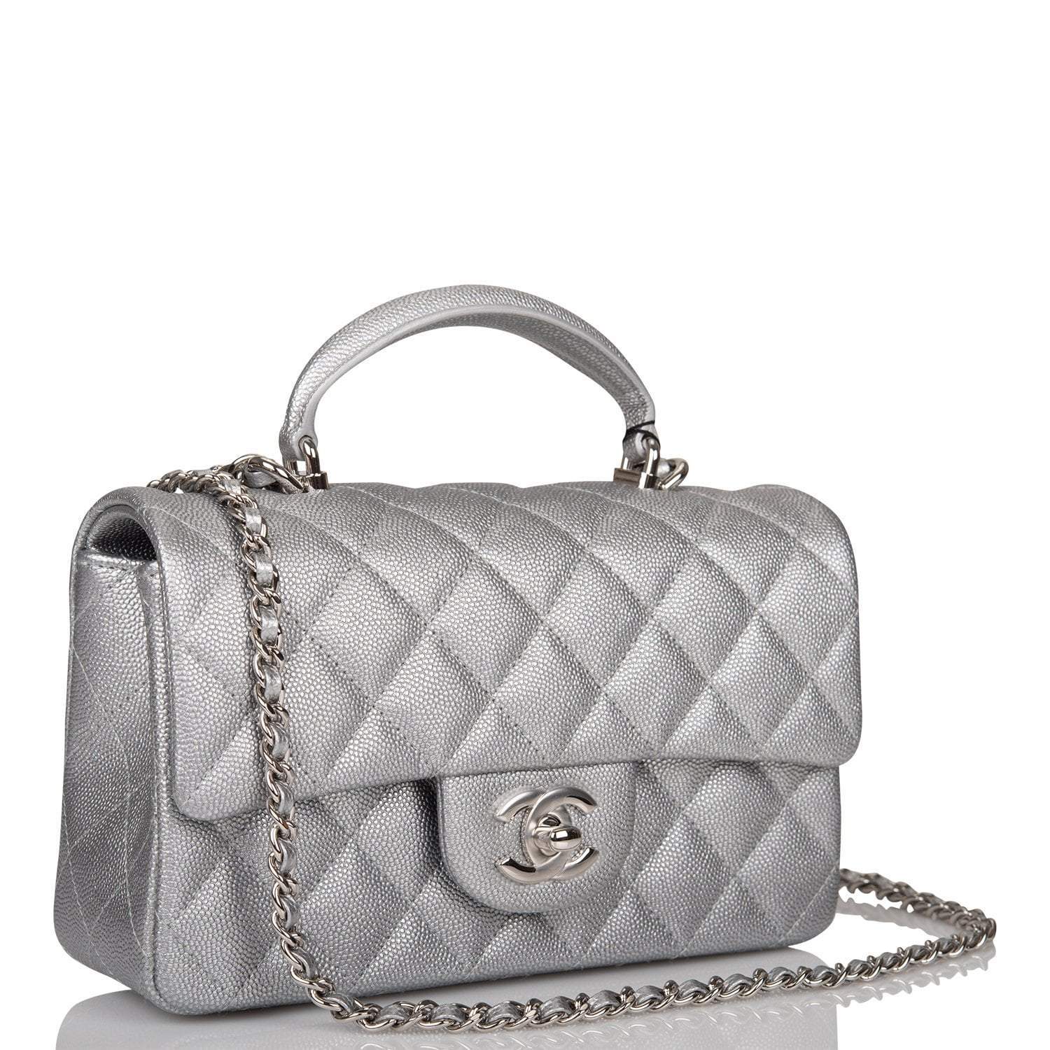 Chanel Silver Metallic Quilted Caviar Rectangular Mini Flap Bag with Top Handle Silver Hardware
