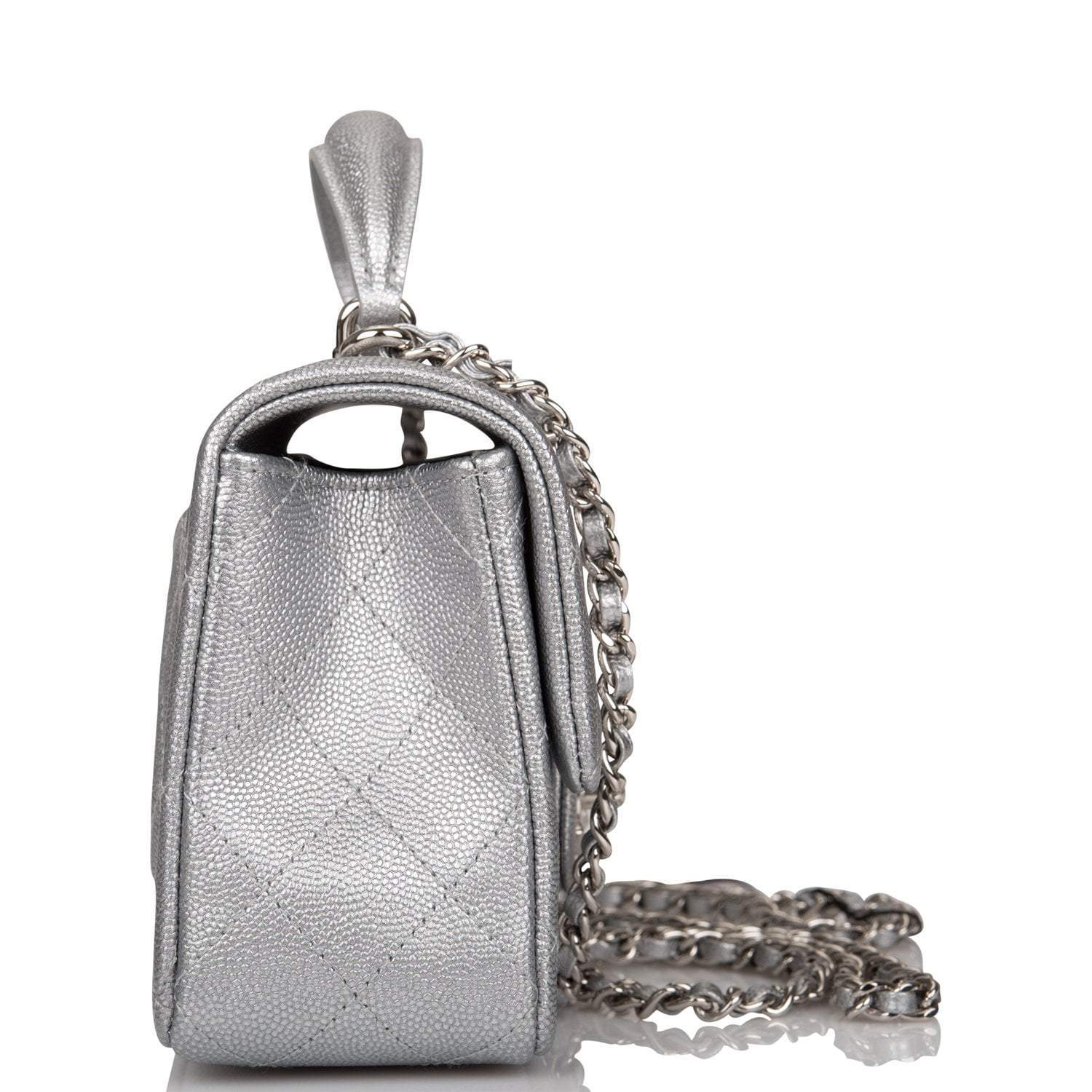 Chanel Silver Metallic Quilted Caviar Rectangular Mini Flap Bag with Top Handle Silver Hardware
