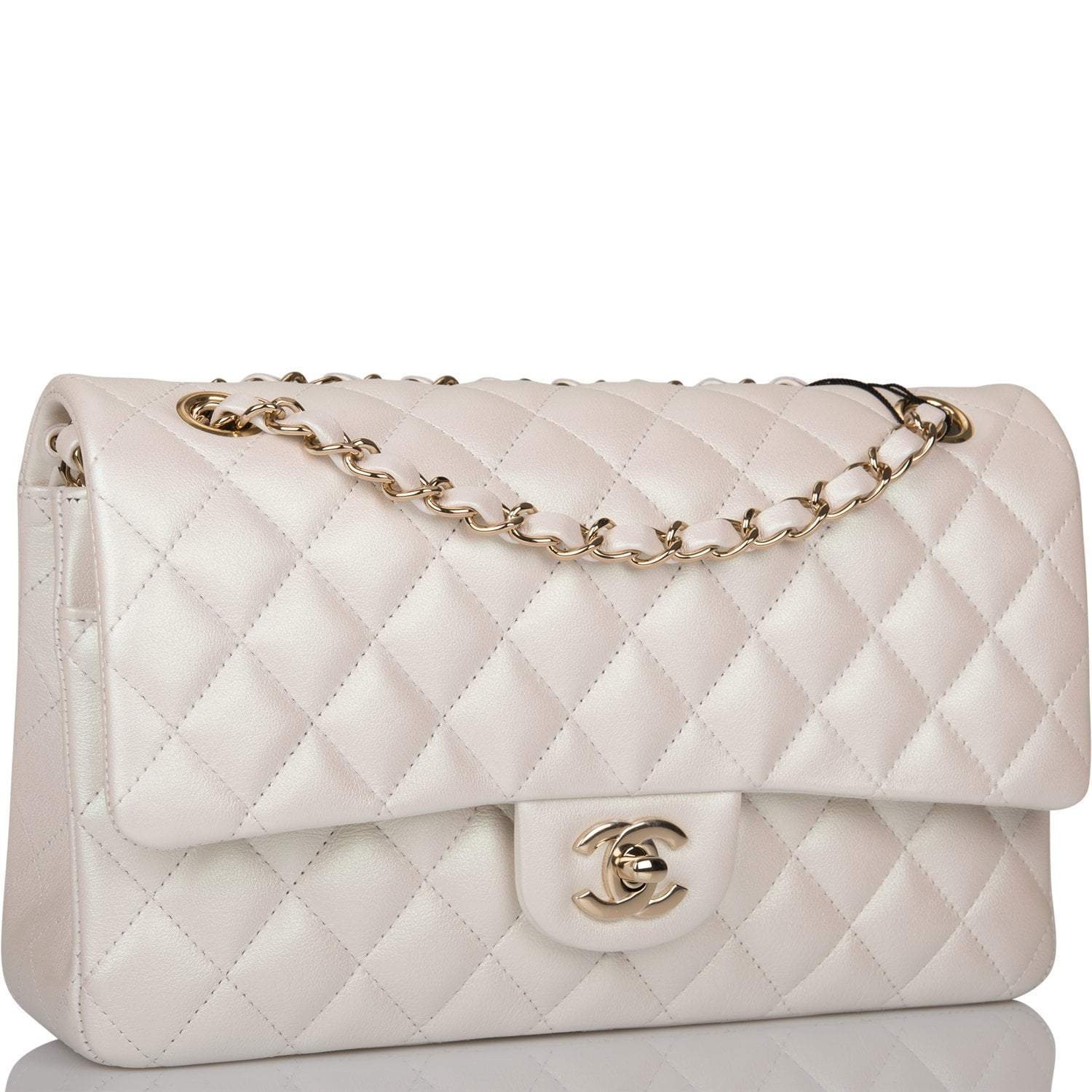 Chanel White Iridescent Quilted Lambskin Medium Classic Double Flap Bag Light Gold Hardware