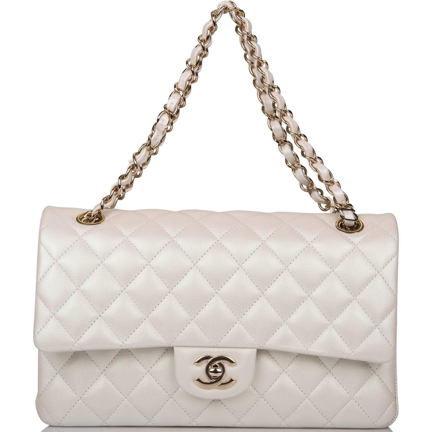 Chanel White Iridescent Quilted Lambskin Medium Classic Double Flap Bag Light Gold Hardware
