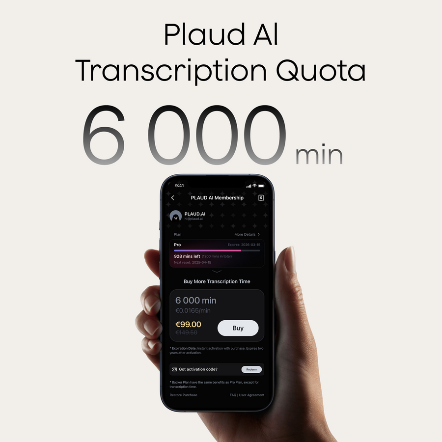 Plaud AI Annual Pro Plan & AI Transcription Quota
