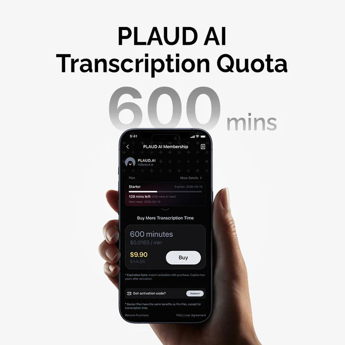 Plano Pro Anual PLAUD AI e Cota de Transcrição (6000/3000/600 minutos) 
