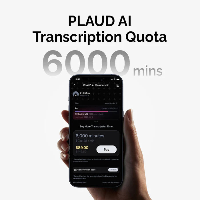 Plano Pro Anual PLAUD AI e Cota de Transcrição (6000/3000/600 minutos) 
