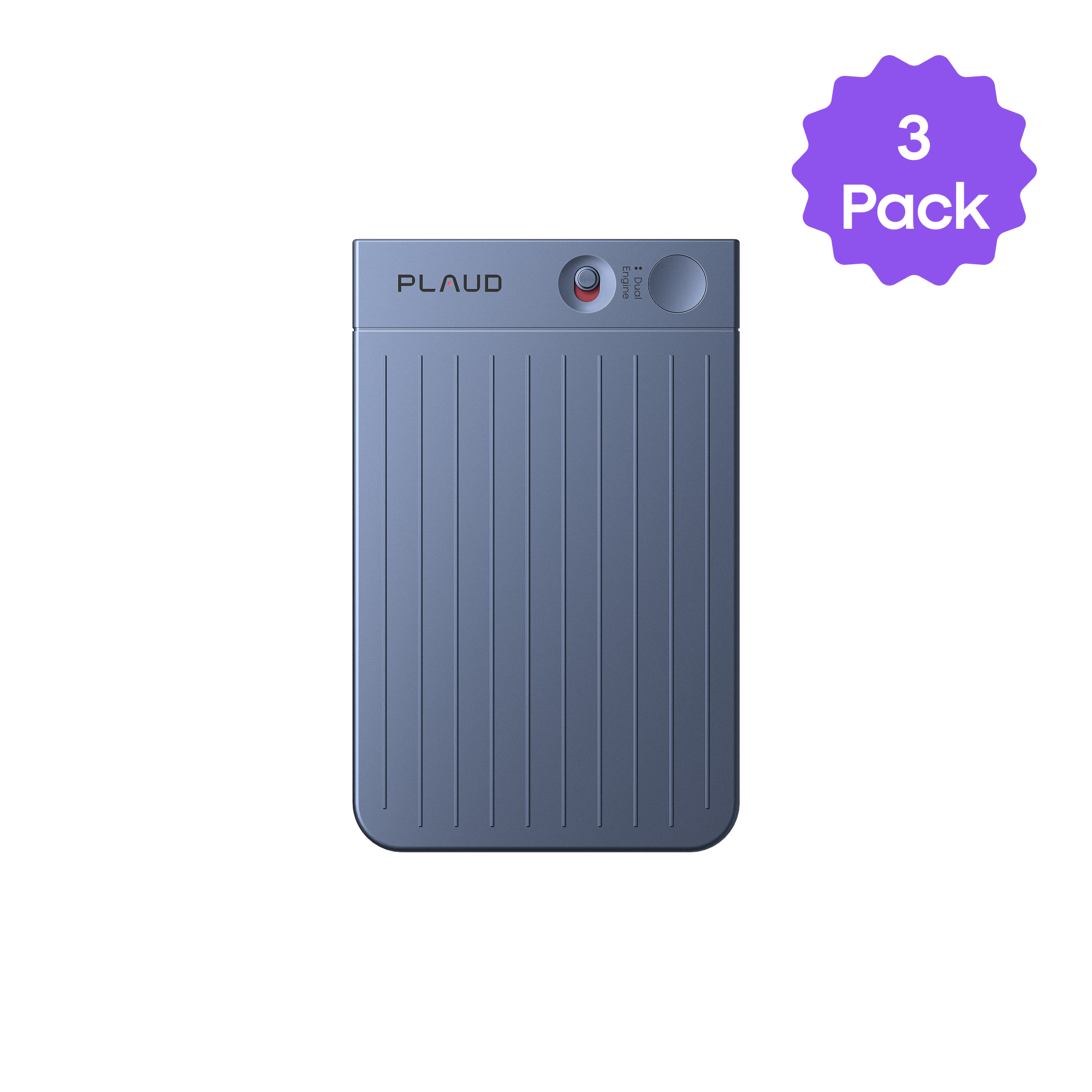 Slate blue Plaud AI voice recorder with ribbed texture, showing '3 Pack' badge.