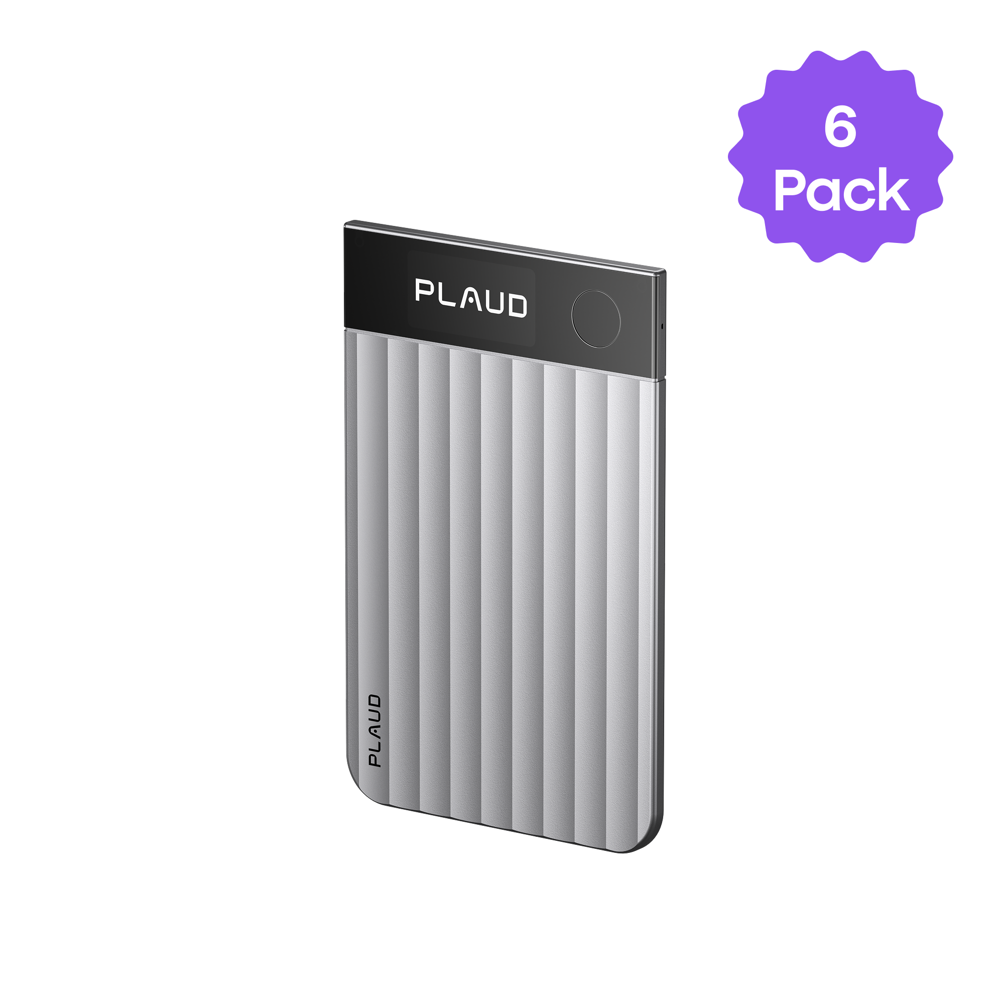 Silver Plaud Note Pro AI voice recorder, showing its ribbed body and top screen area. A '6 Pack' badge is visible.